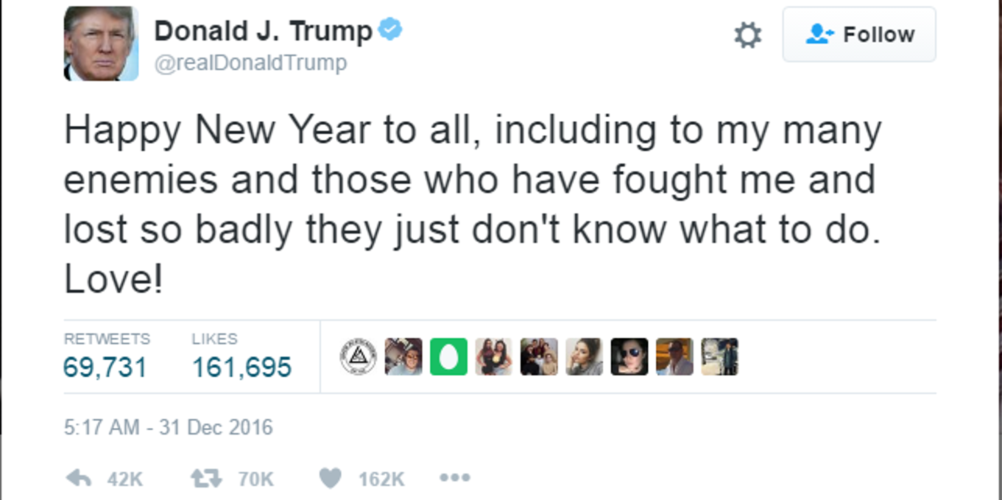 No, Donald Trump Wishing Happy New Year To His 'Many Enemies' Is In No Way the Same As Hillary Clinton's 'Basket Of Deplorables'