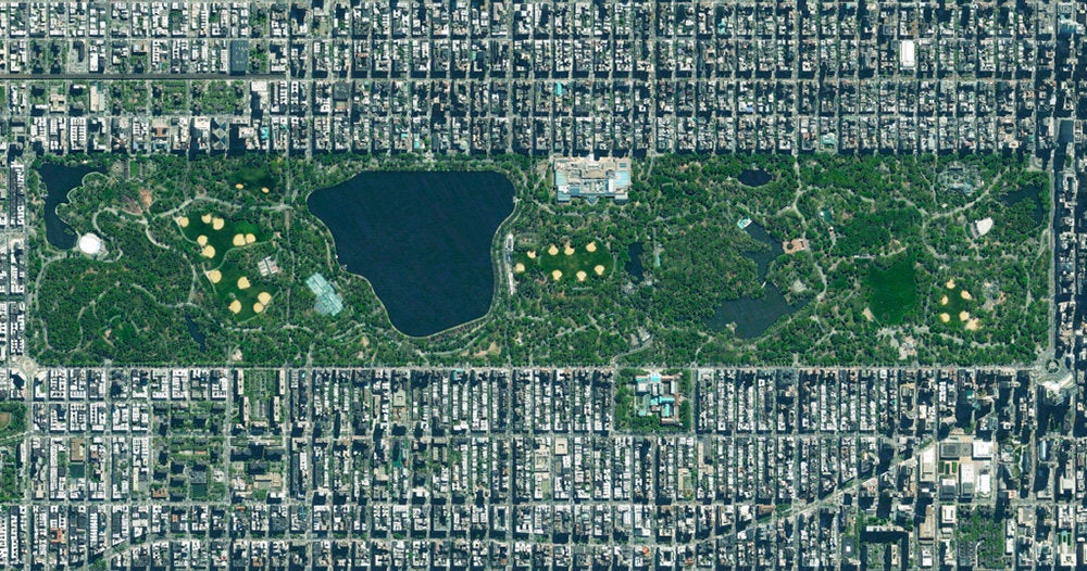 <strong>Central Park</strong><br /><br /> Central Park in New York City spans 843 acres, which is 6 percent of the island of Manhattan. One of the most influential innovations in the park’s design was its "separate circulation systems" for pedestrians, cyclists, horse riders and cars. The park contains numerous tennis courts and baseball fields, an ice-skating rink and a swimming pool. It also serves as the finish line for the New York City Marathon and New York City Triathlon.
