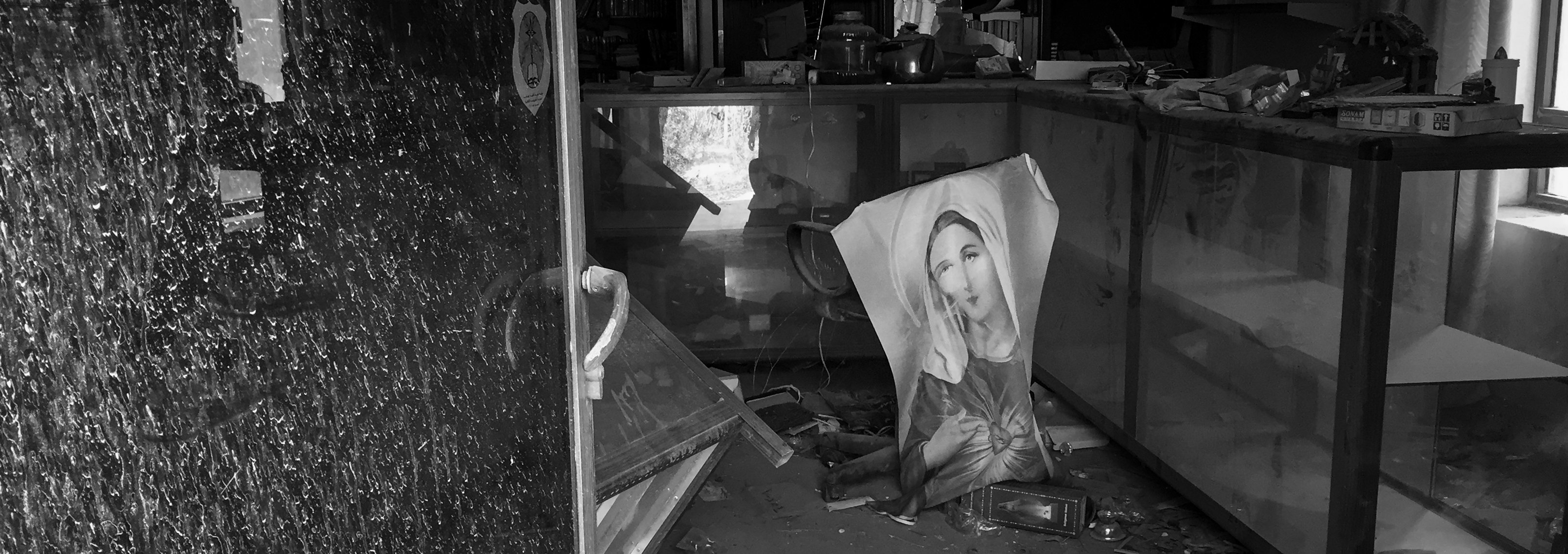 An image of the Virgin Mary is seen placed at a destroyed church in the newly liberated town of Bartella on Nov. 7, 2016, in Bartella, Iraq.