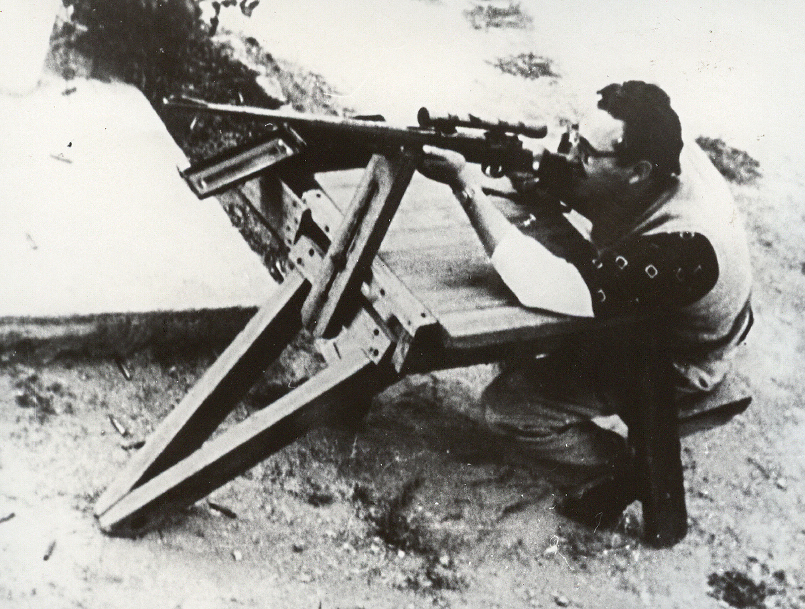 Castro practices shooting in Mexico, during the preparations of 1956 uprising after disembarking from the Granma with 82 men starting the guerrilla fighting in the Sierra Maestra, eastern Cuba.