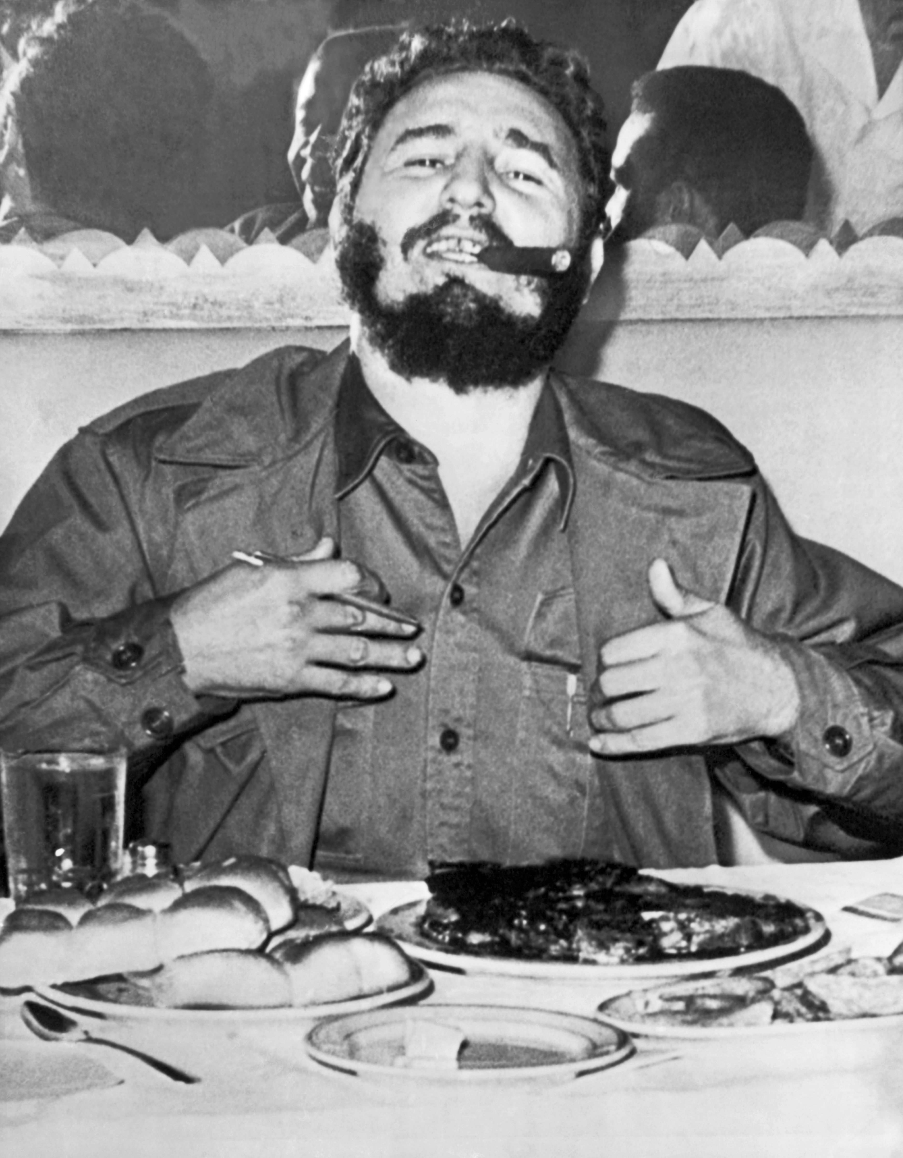 Castro enjoys a steak dinner while holding an impromptu press conference at the Theresa Hotel in Harlem during his visit to New York to address the United Nations&nbsp;on Sept. 23, 1960.