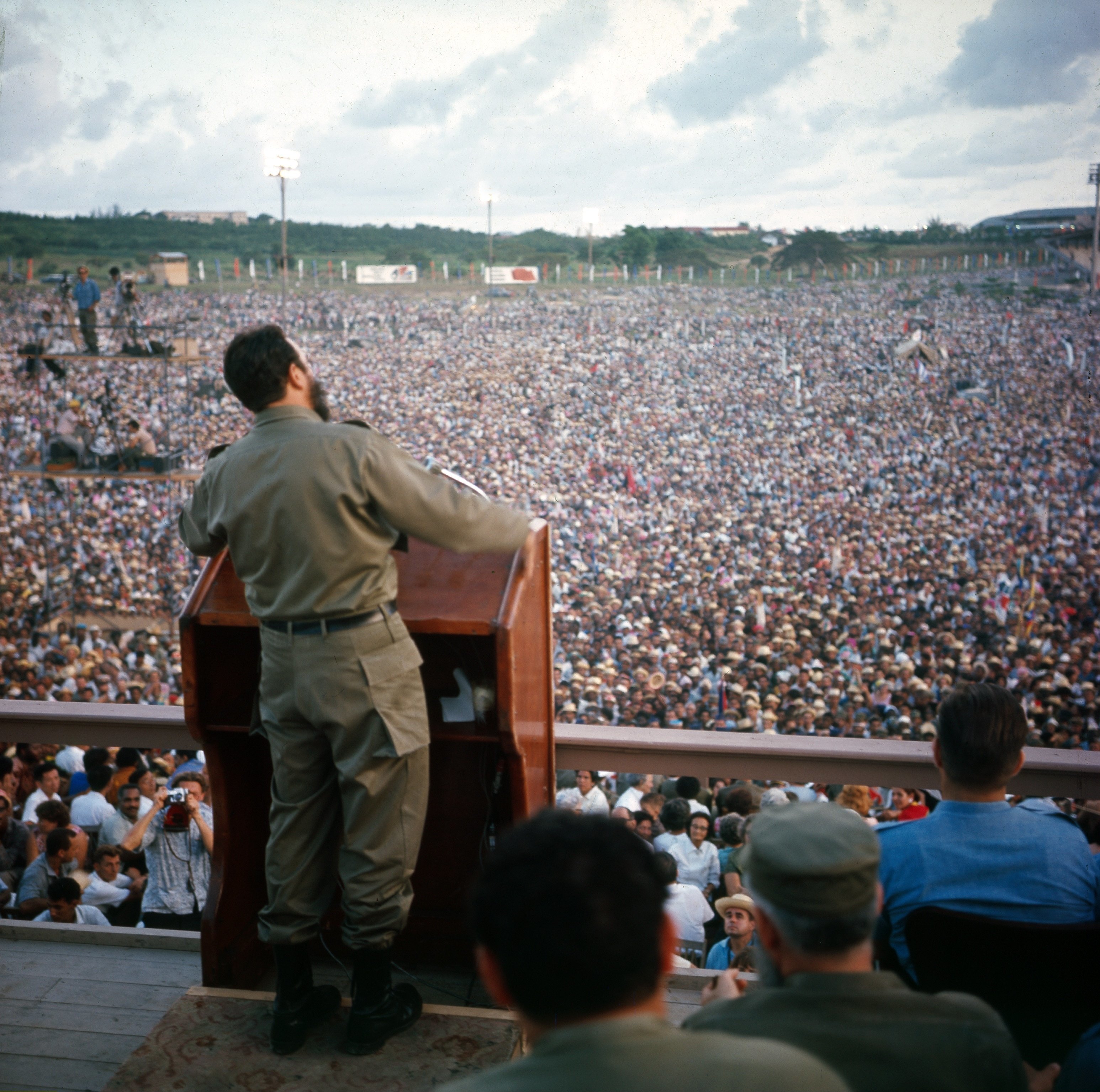 Castro addresses a huge crowd in Santiago de Cuba in 1964 on&nbsp;the anniversary of the revolution.