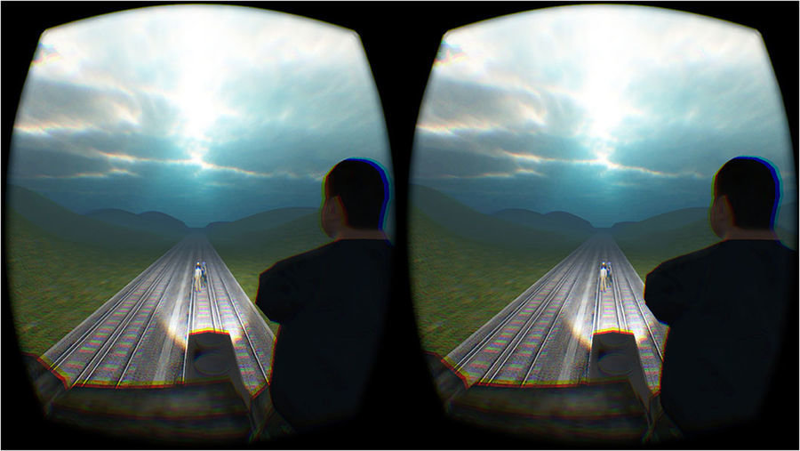 The Virtual Footbridge Dilemma Stereoscopic image showing a scene from the footbridge virtual dilemma through Oculus Rift head-mounted display.