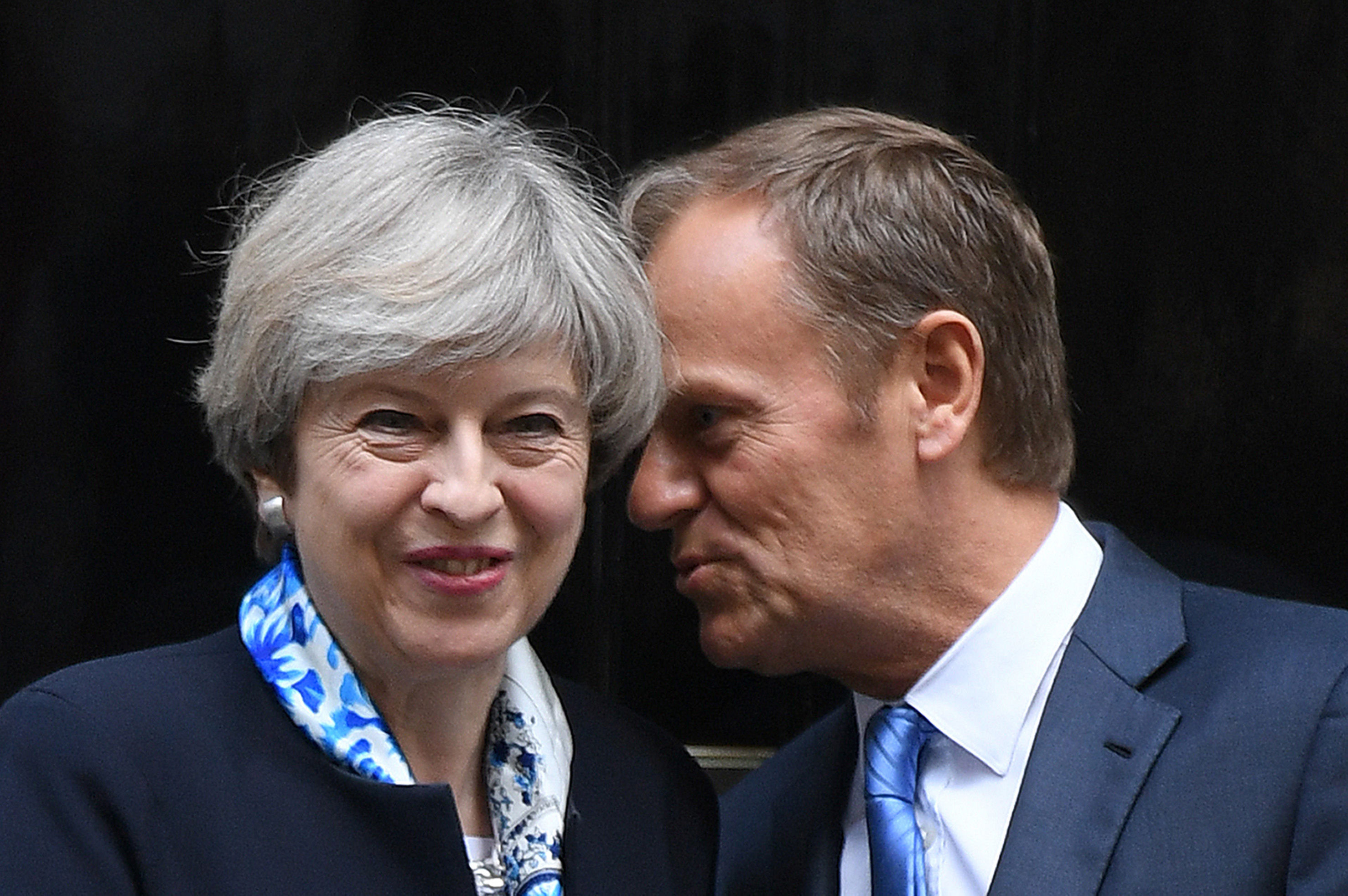 Theresa May greeting European Council president Donald Tusk outside 10 Downing Street