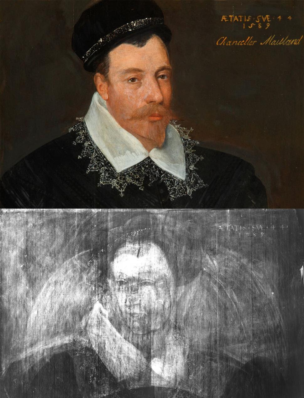 <strong>Adrian Vanson&rsquo;s&nbsp;<i>Sir John Maitland, 1st Lord Maitland of Thirlestane&nbsp;</i>(1589) and an X-ray view which reveals a portrait hidden underneath the top paint layers</strong>