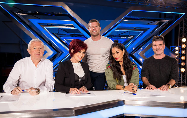 'X Factor ' host Dermot O'Leary <i>(centre)</i> with the X Factor judges <i>(l-r):</i> Louis Walsh, Sharon Osbourne, Nicole Scherzinger and Simon Cowell