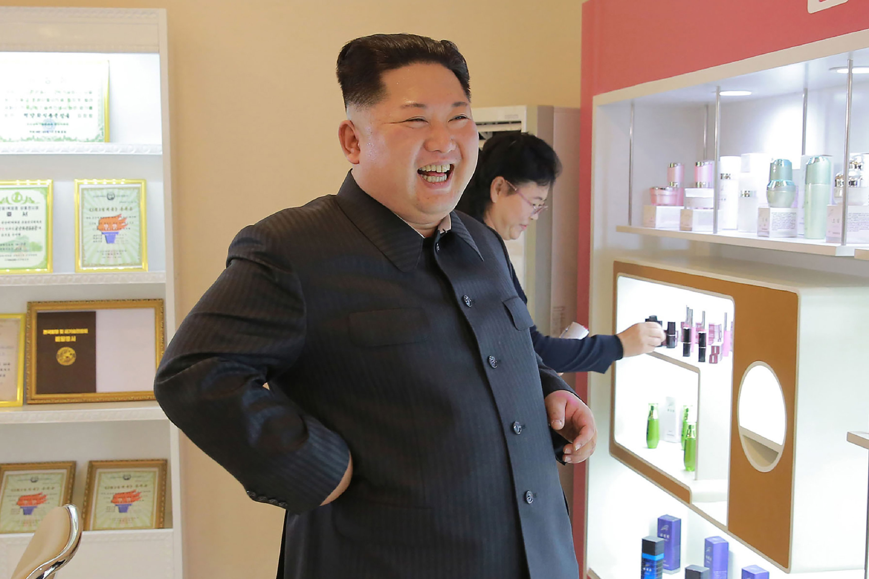 <strong>North Korea leader Kim John-Un, seen on October 29 inspecting a cosmetics factory</strong>