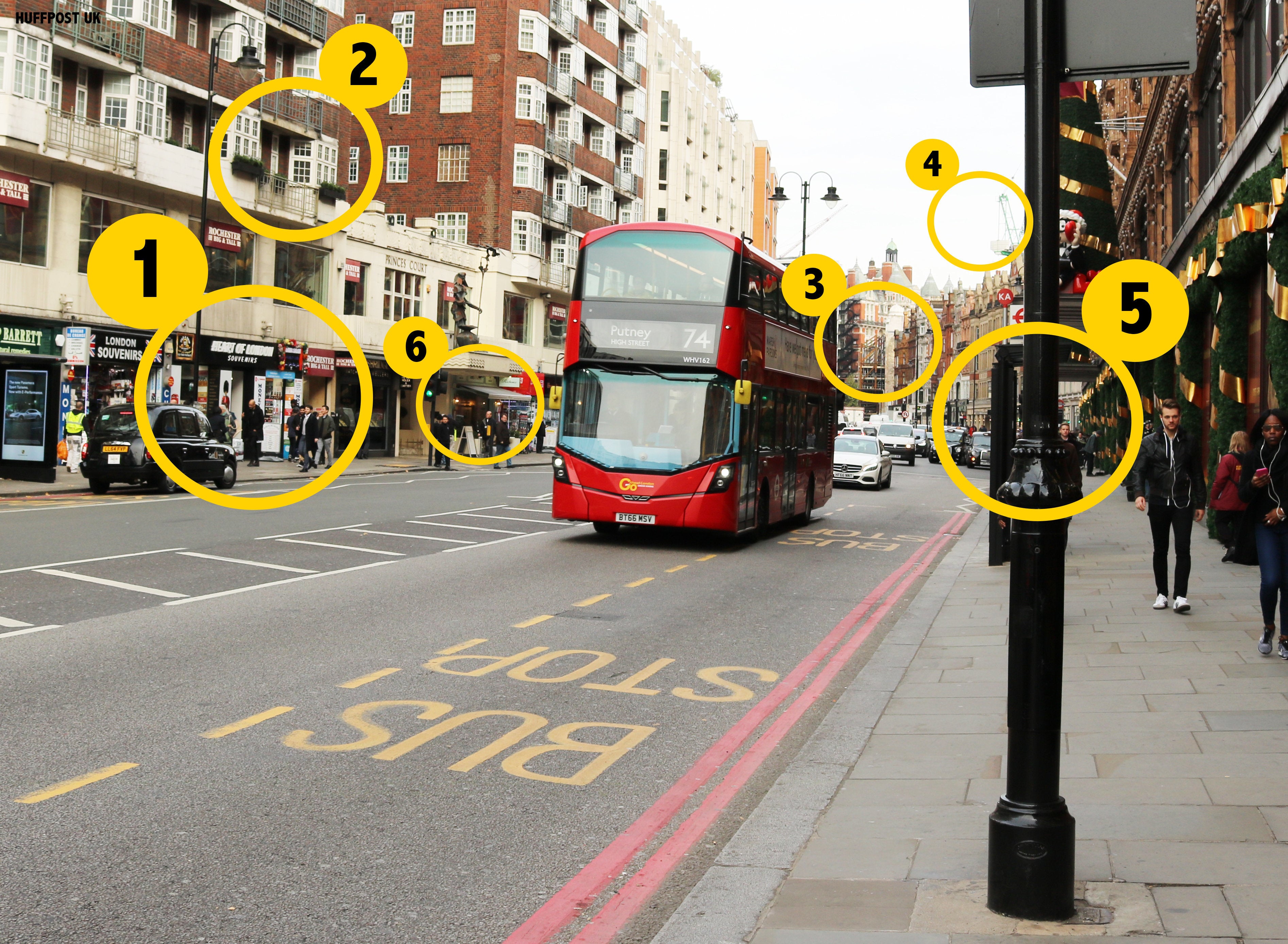 The scene today: How the same frame appeared on Brompton Road, London, near Harrods, on Tuesday.