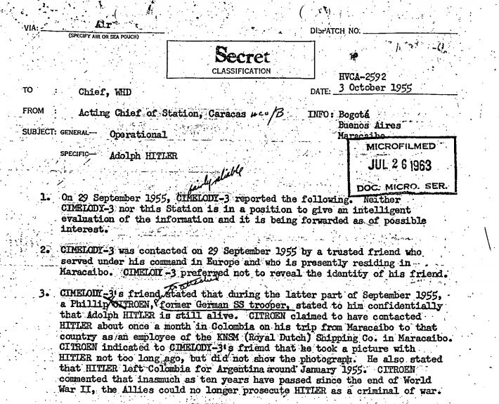 <strong>A newly declassified CIA document detailing a report from an informant suggesting Adolf&nbsp;Hitler had escaped Germany and was briefly living in Colombia&nbsp;</strong>