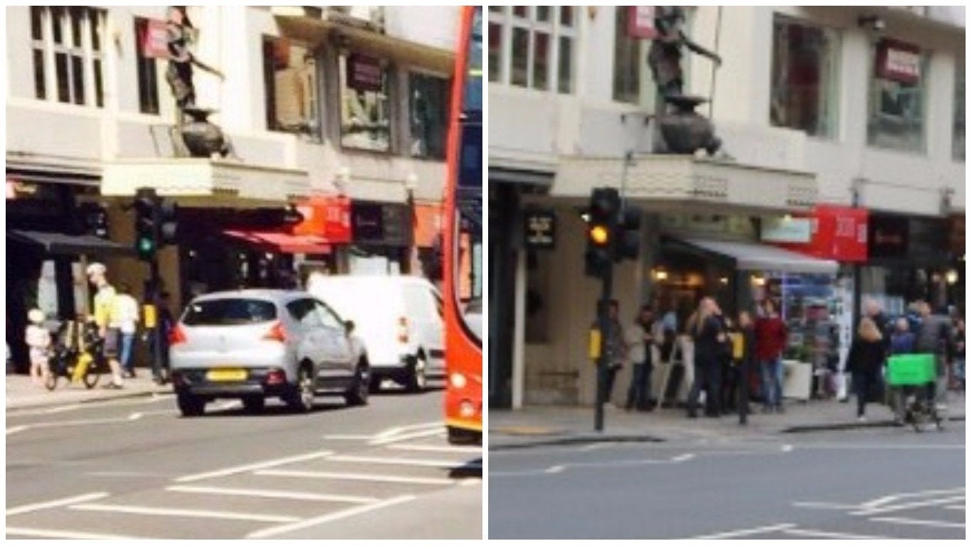 The Richoux cafe pictured in Papadopoulos' snap, <i>left</i>, and on Tuesday, <i>right</i>. Its colour scheme is now Robin egg blue, not garish red.