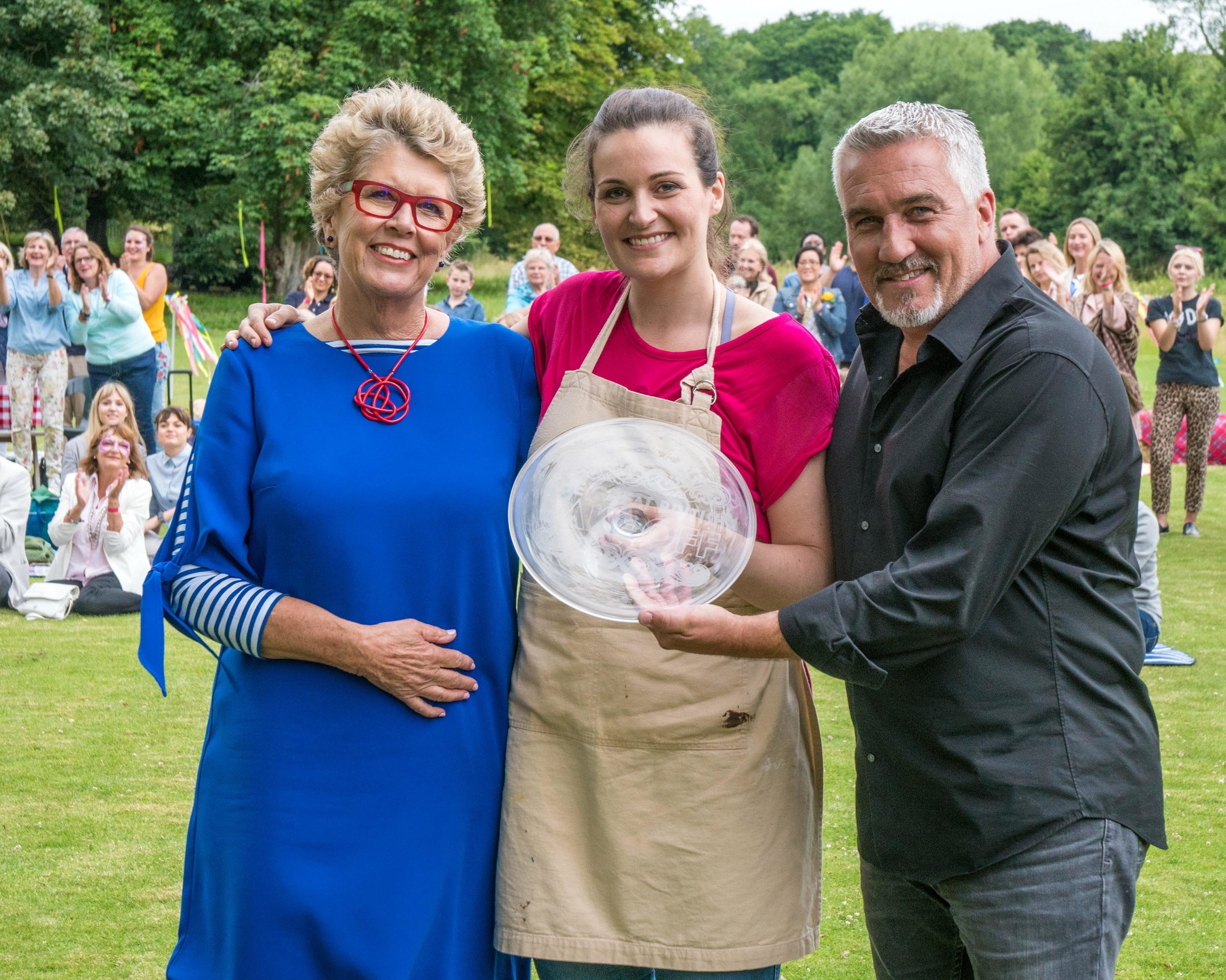 Judges Prue Leith <i>(left)</i> and Paul Hollywood with 2017 'Bake Off' champ Sophie Faldo