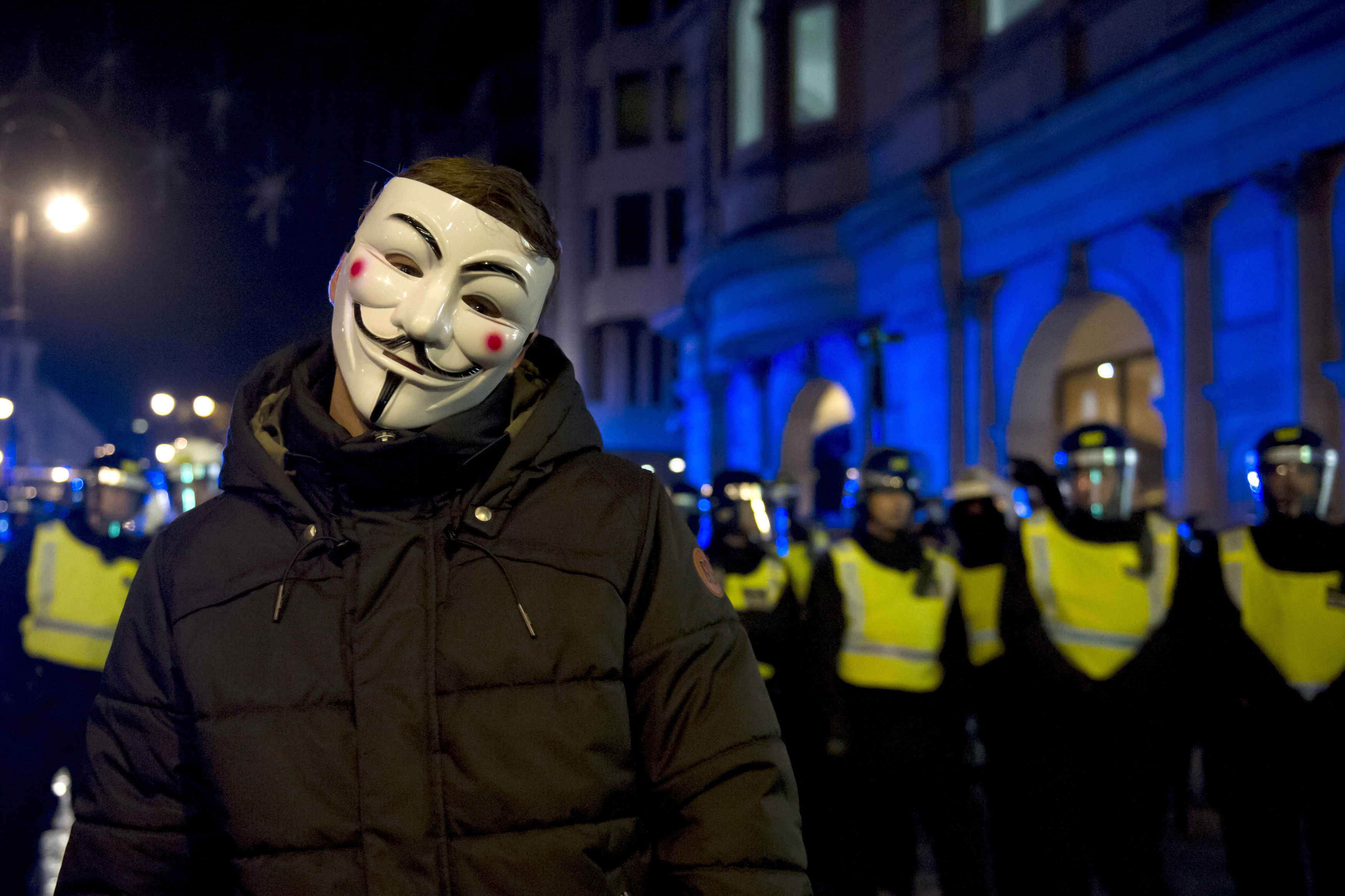 <strong>Protestors demonstrate on The Strand, London, during the Million Mask March bonfire night protest organised by activist group Anonymous</strong>