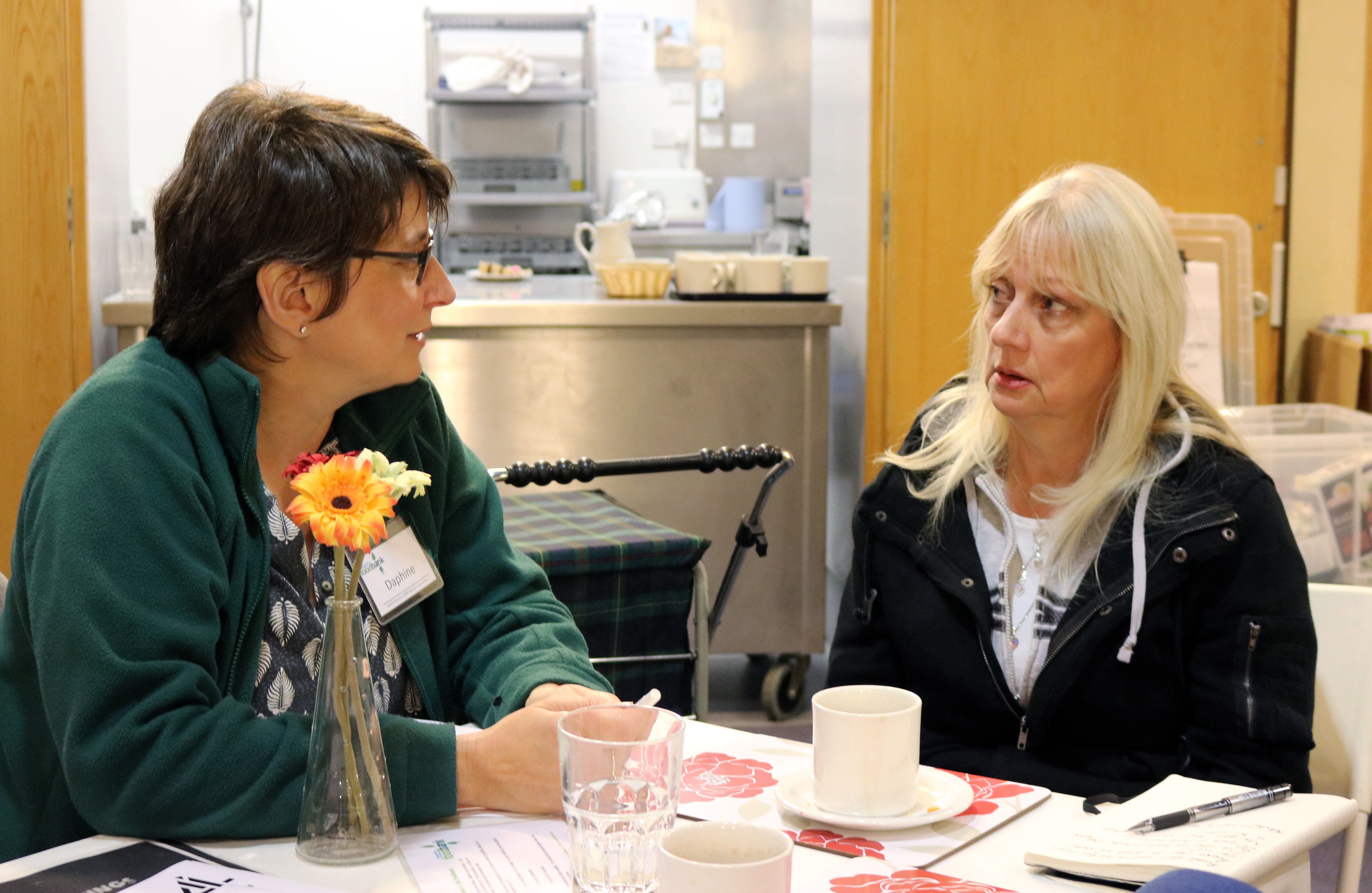 <strong>Food bank manager Daphine Aikens talks to Maggie Millard about her situation&nbsp;on a recent weekday.</strong>