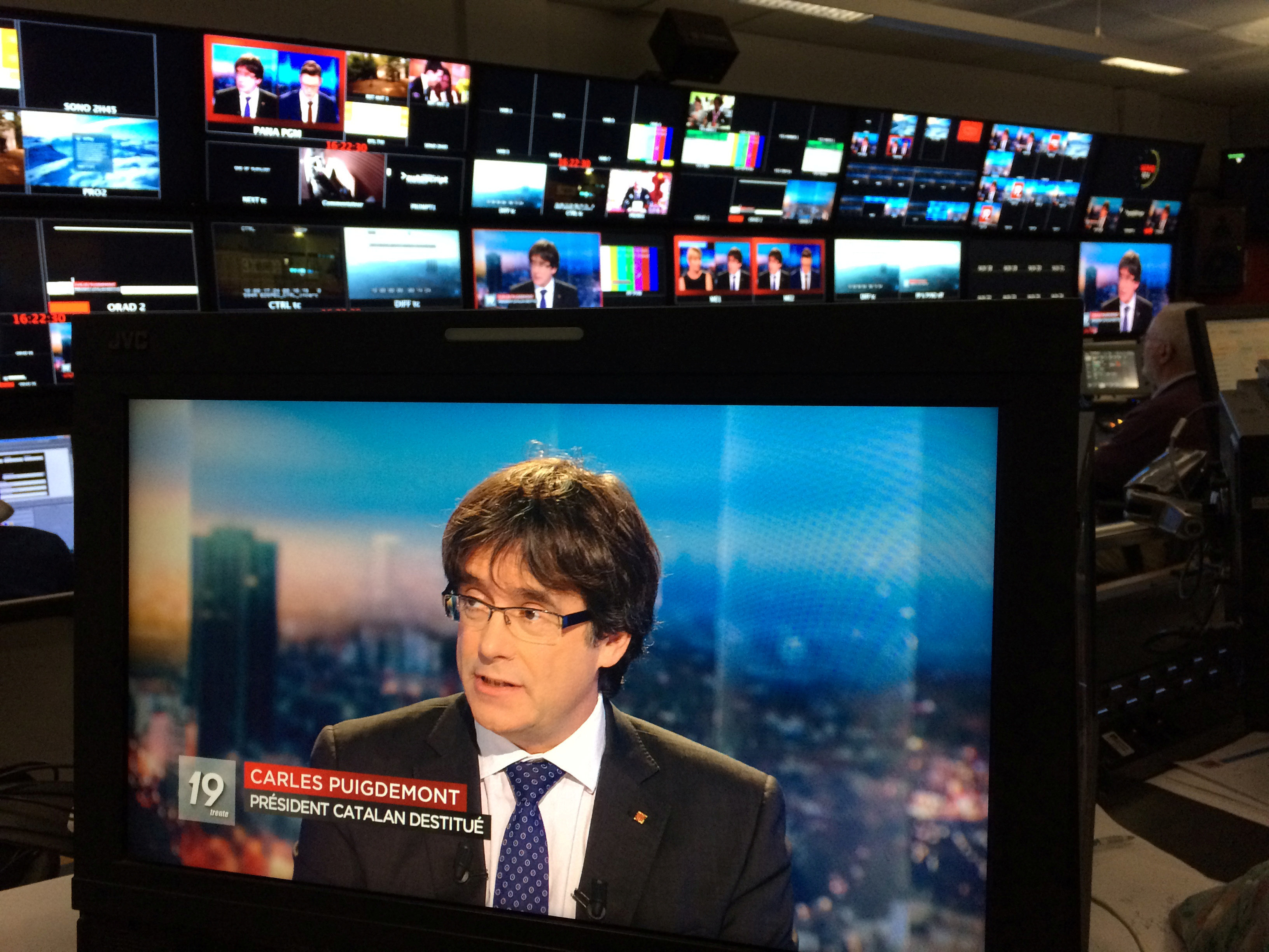 <strong>Puigdemont on a monitor as he is interviewed on Belgian TV last week.</strong>