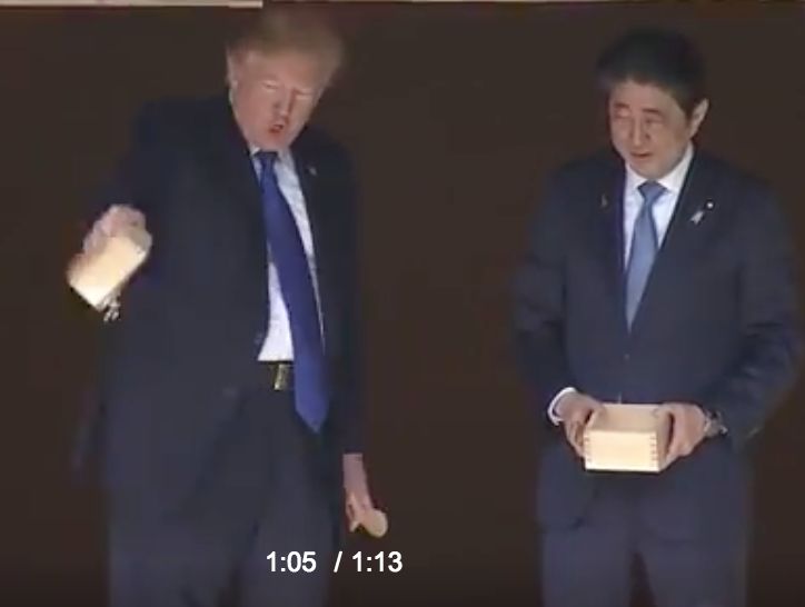 <strong>Trump begins to empty his box of fish food three second after Abe did the same, somewhat more gracefully&nbsp;</strong>