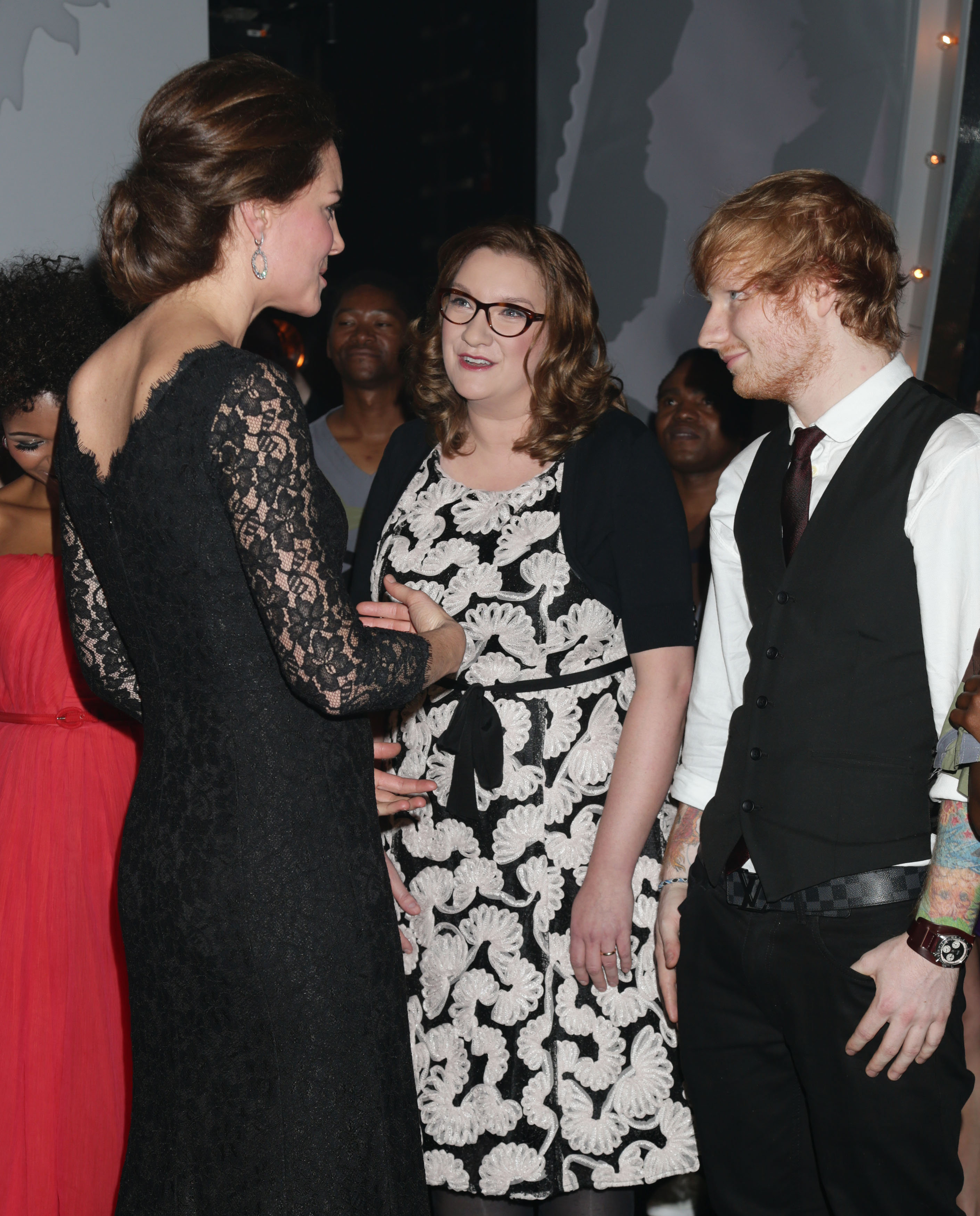 Catherine, Duchess of Cambridge meets Sarah Millican and Ed Sheeran at the end of The Royal Variety Performance at the London Palladium on 13 November 2014 in London, England.