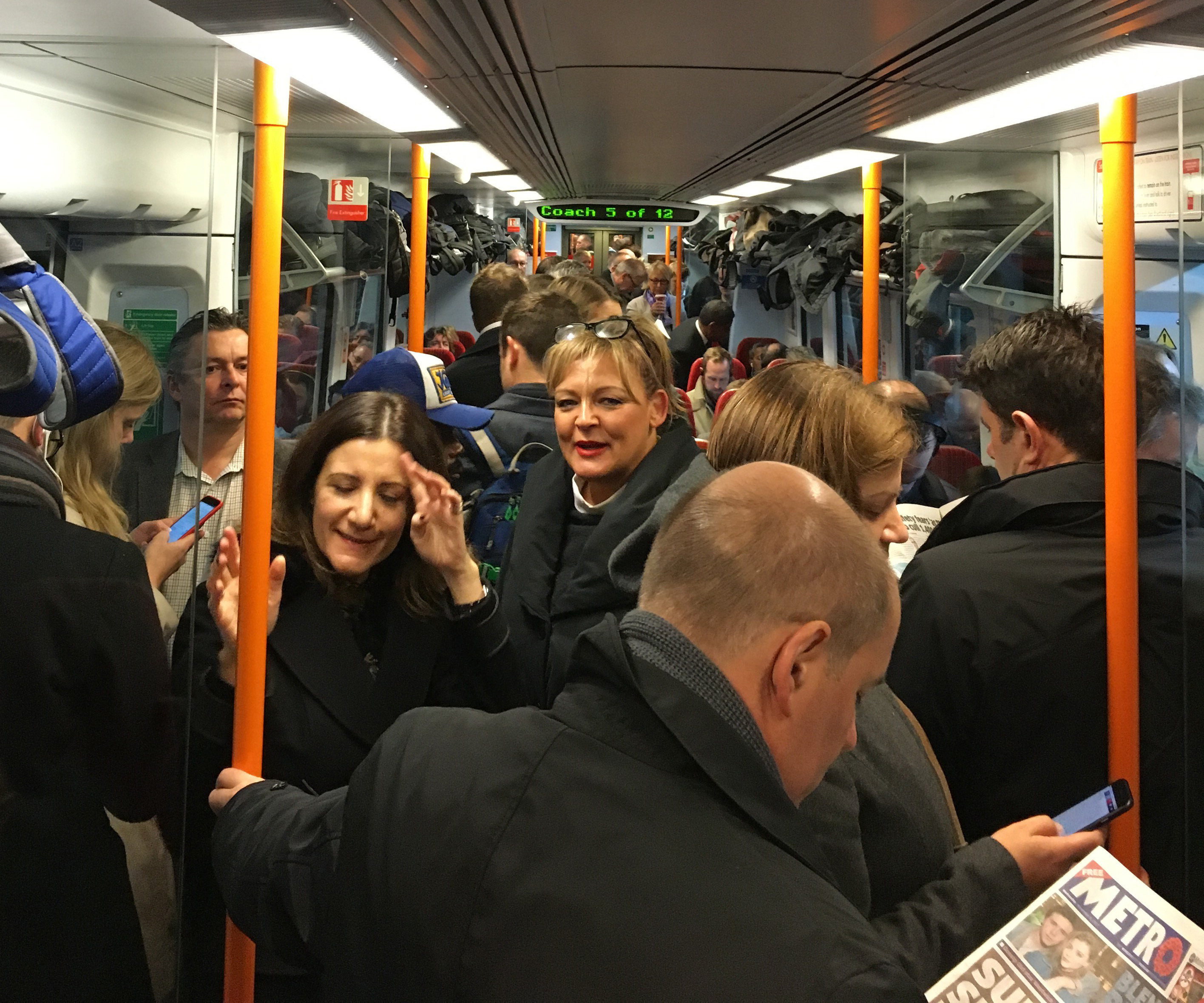 <strong>Commuters ride a crowded South Western Railway train from Portsmouth to London as rail services are hit by the biggest disruption in decades as workers strike&nbsp;</strong>