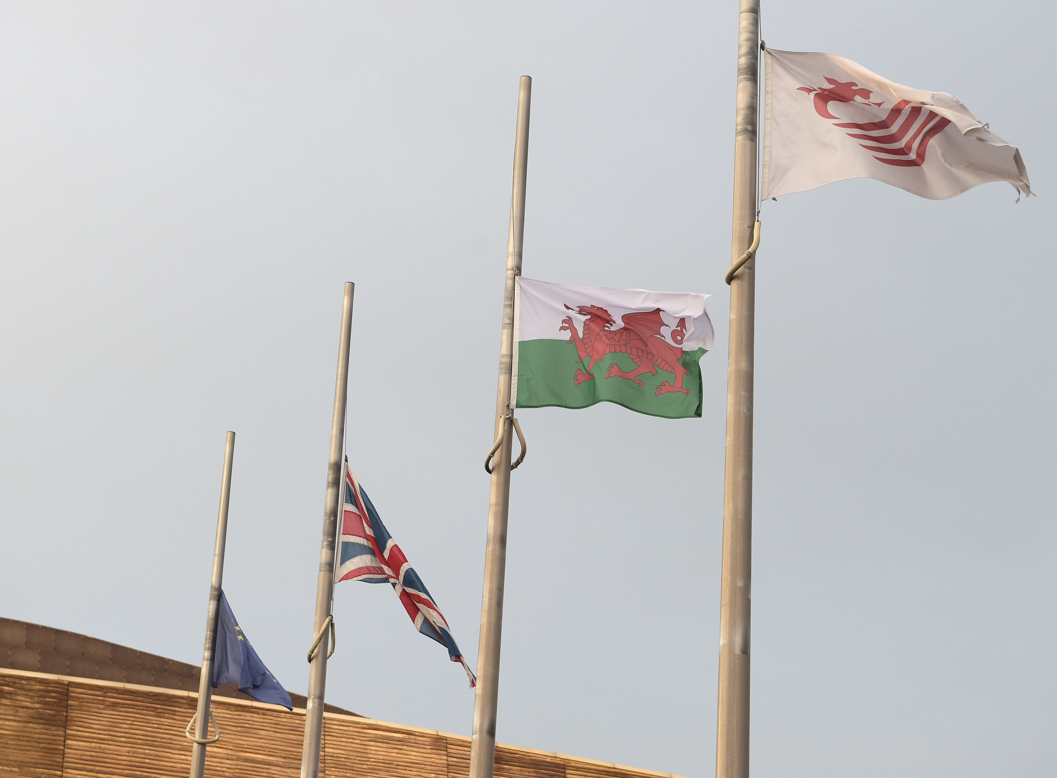<strong>Flags were flown at half mast above the National Assembly for Wales at Cardiff Bay in the wake of the death</strong>