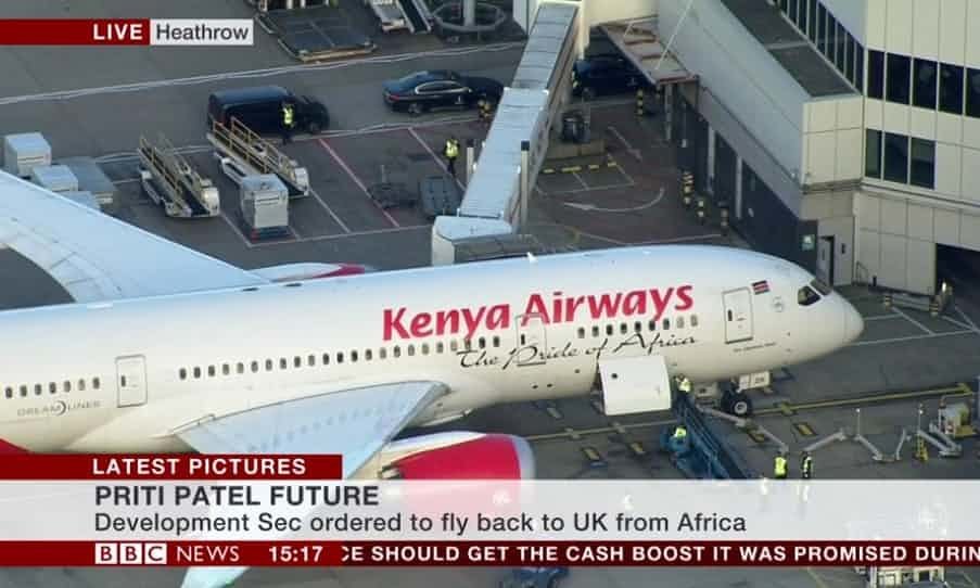 Priti Patel's flight from Africa live on BBC News as it landed at London Heathrow.