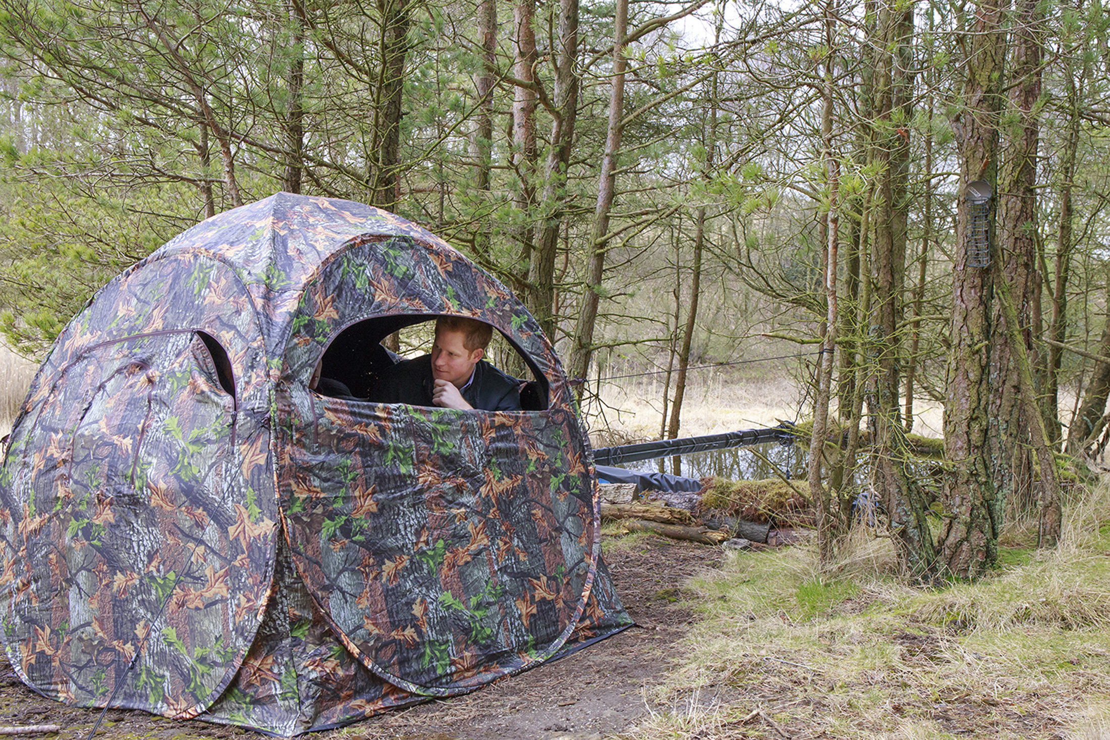 <strong>Hide in a tent in the woods, just like Prince Harry is demonstrating beautifully here with wildlife trust patron Conrad Dickinson.</strong>