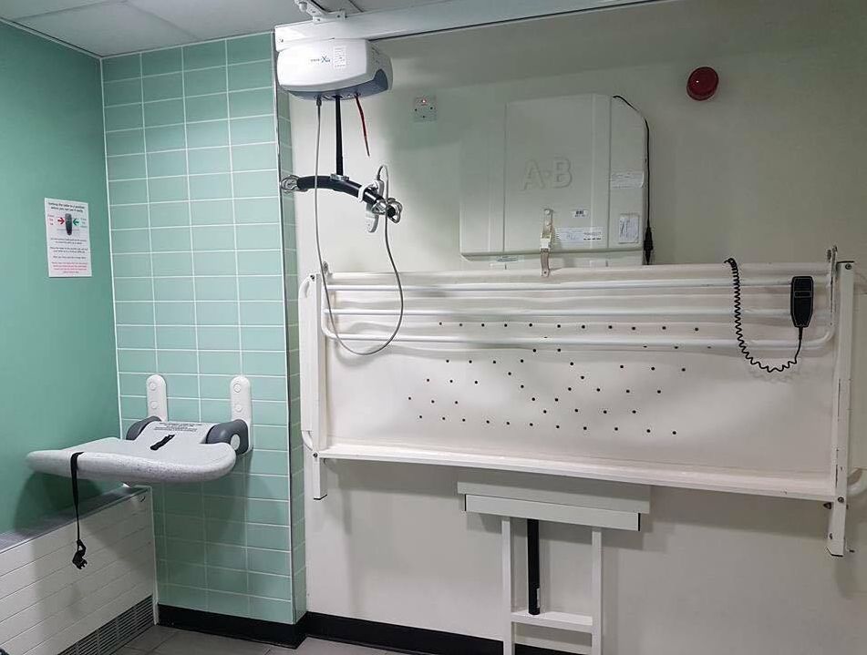 A changing places toilet includes a large changing bed and a hoist