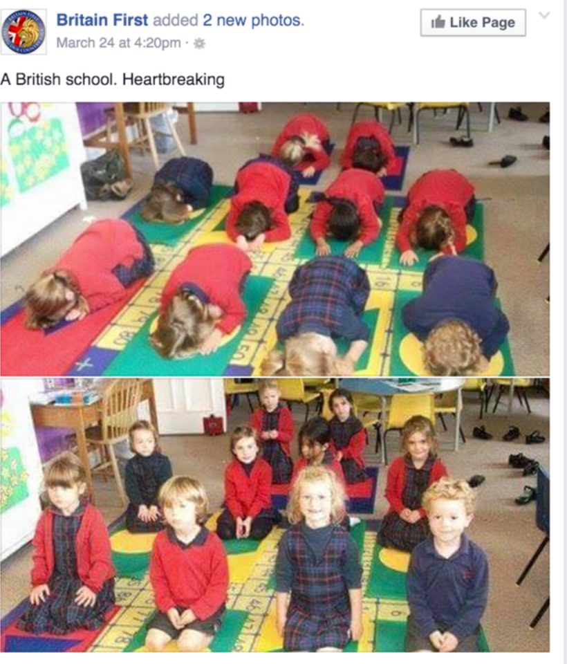 <strong>A picture Britain First shared, implying that British school children were being taught Islam</strong>