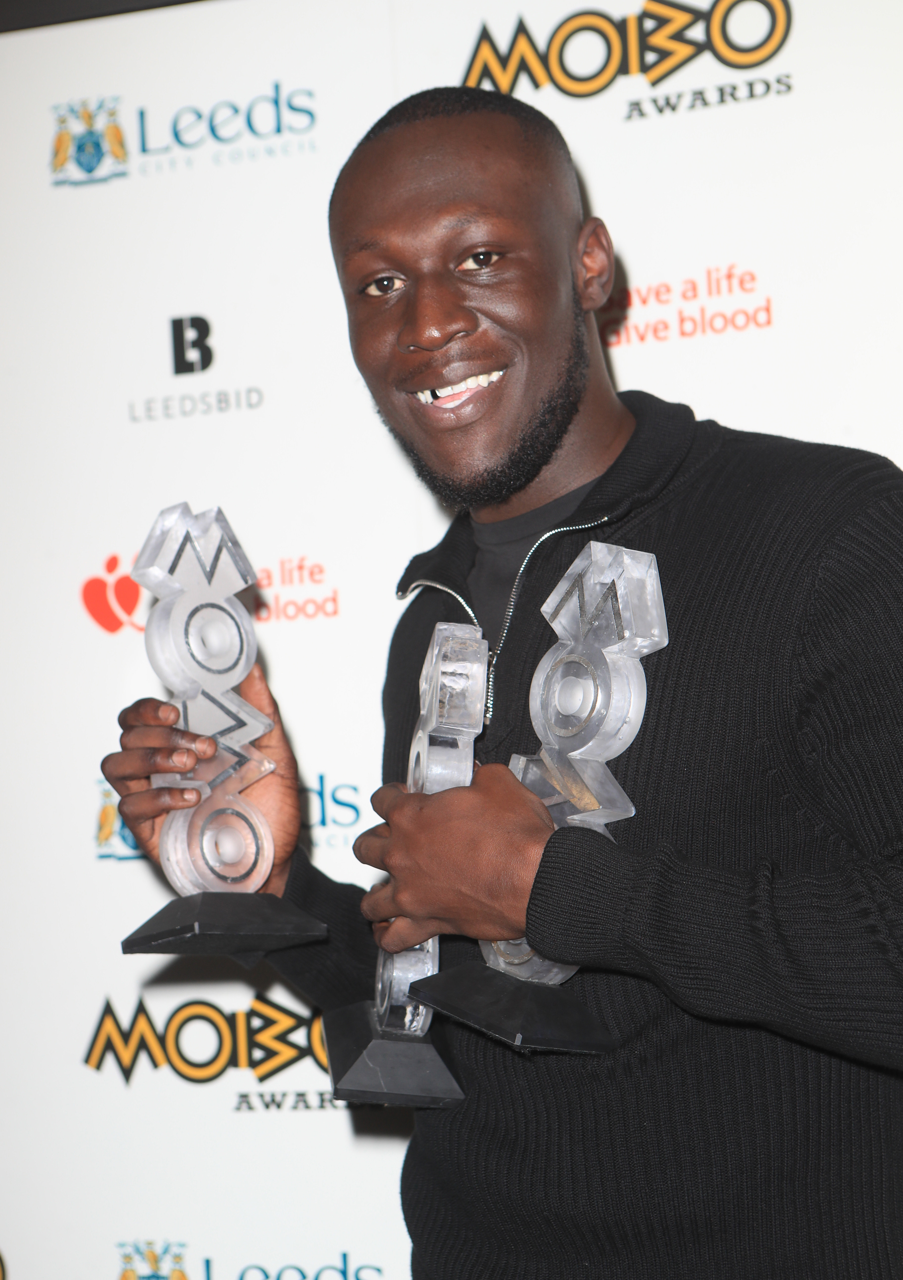 <strong>Stormzy with his three Mobo Awards</strong>