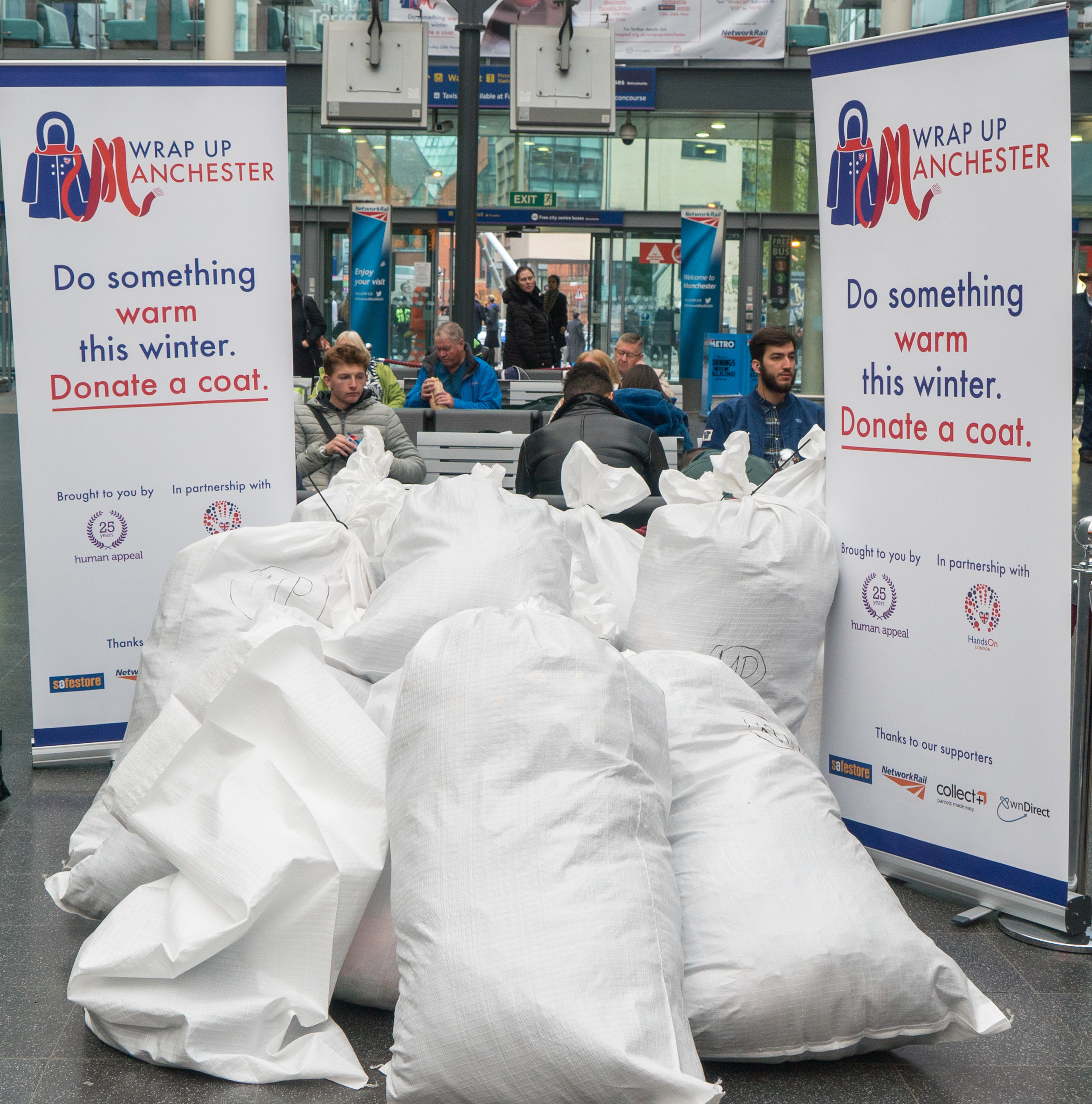 <strong>Huge bags of donated clothes and other items at Manchester Piccadilly</strong>