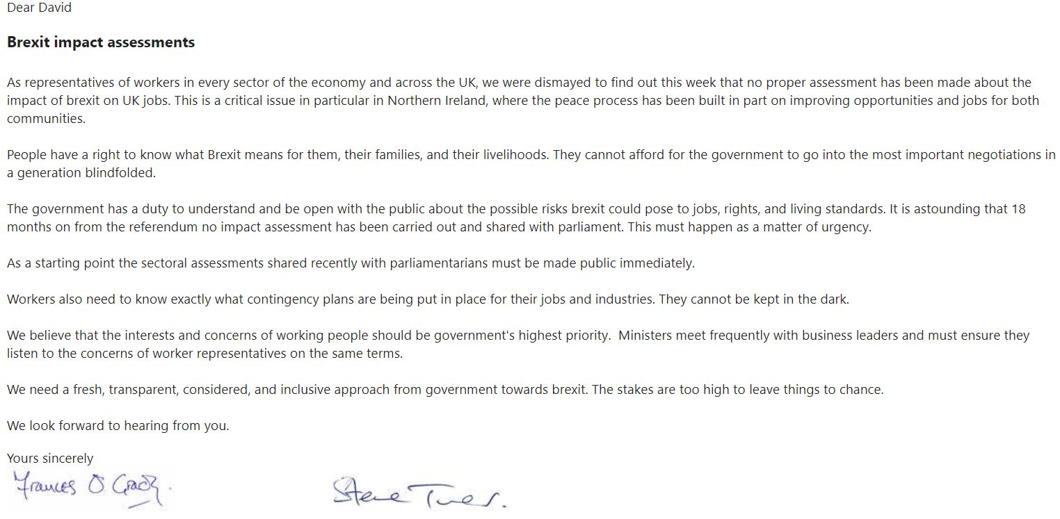 <strong>Frances O'Grady and Steve Turner's letter to David Davis</strong>