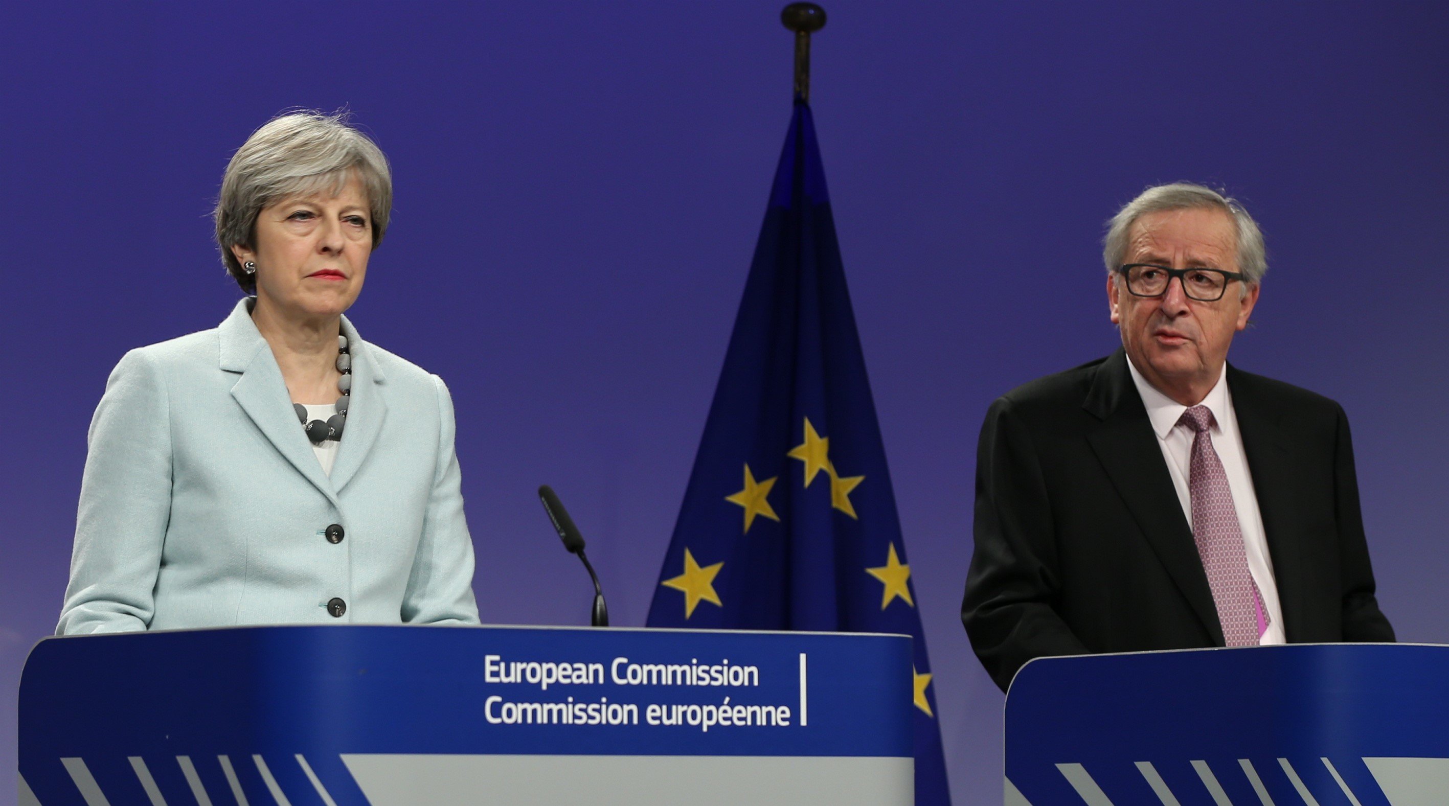 Theresa May and European Commission Chief Jean-Claude Juncker hold a joint press conference in Brussels this morning