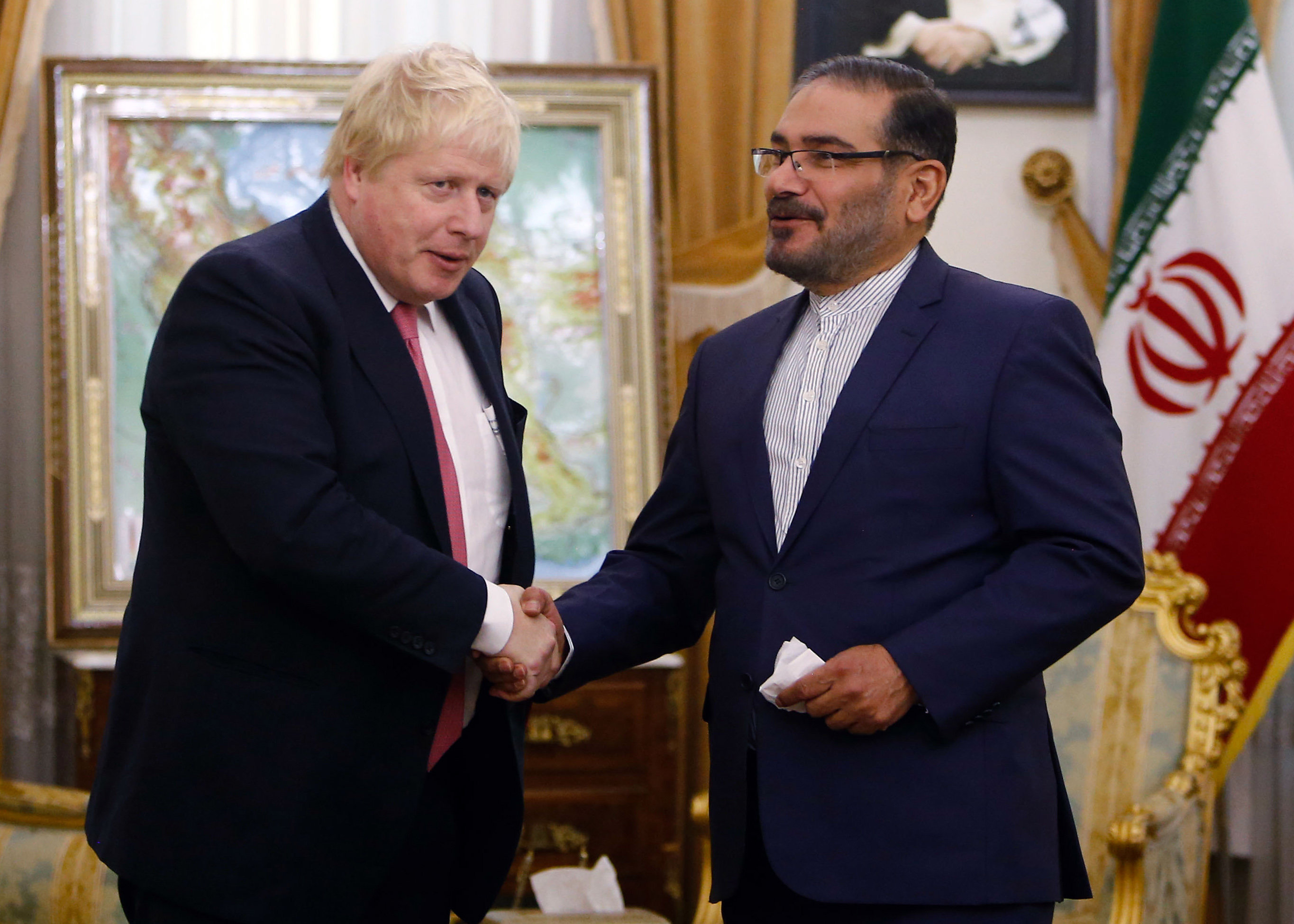 Boris Johnson arrived in Iran on Saturday (pictured meeting the country's Secretary of the Supreme National Security Council Ali Shamkhani)