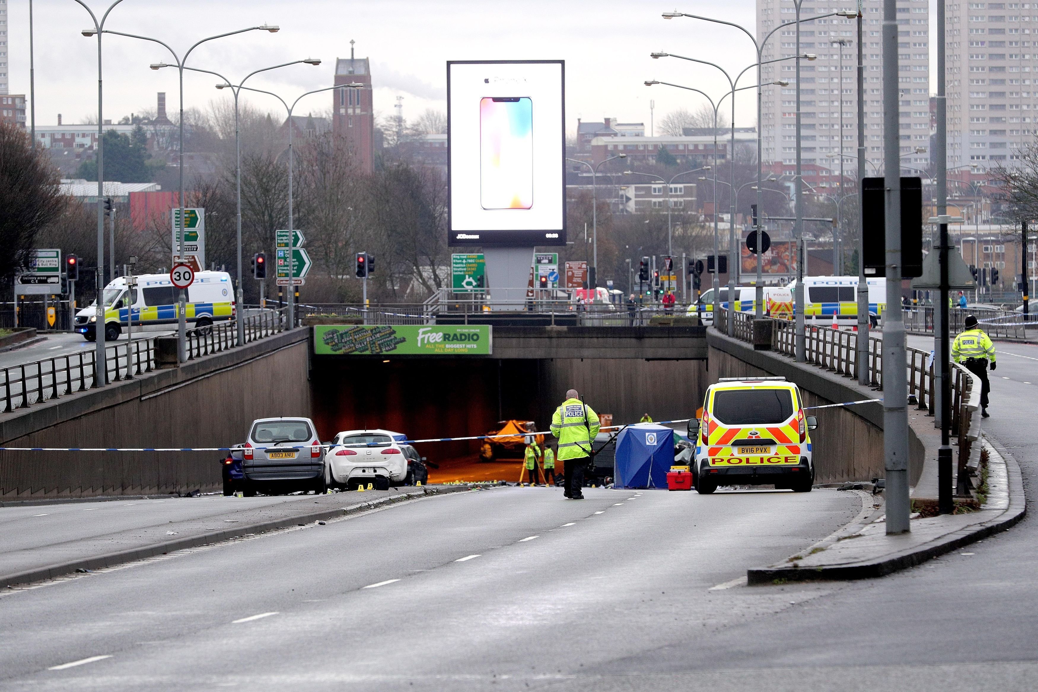 <strong>The scene of a multi-vehicle crash at the entrance to the underpass on Lee Bank Middleway, near Edgbaston, at the junction of Bristol Road, in Birmingham, which left six people dead and a seventh critically injured.</strong>