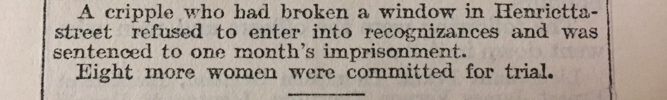 A newspaper article from 1912 that doesn't name Billinghurst directly, but mentions her disability 