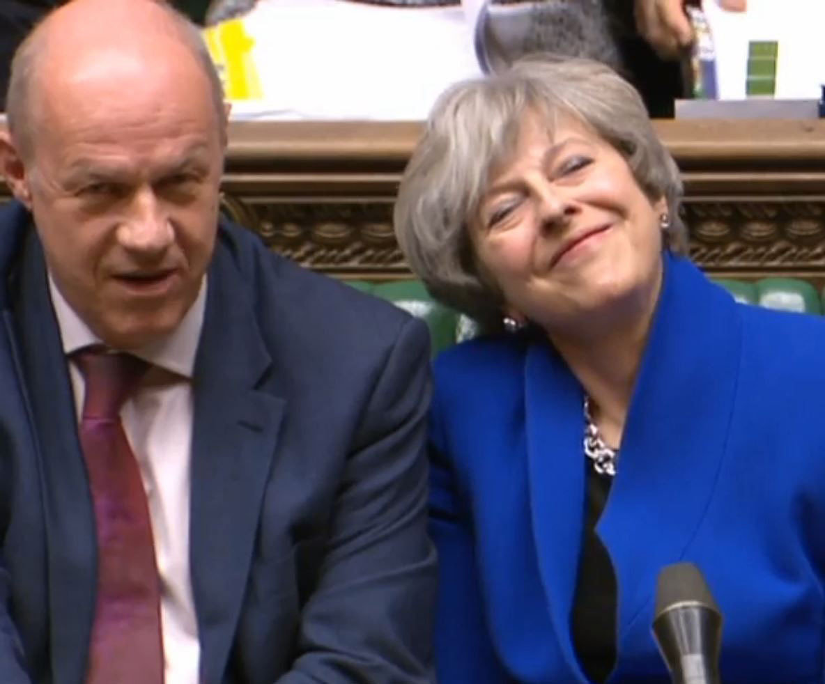 Damian Green and Theresa May during Prime Minister's Question Time, hours before he was sacked.