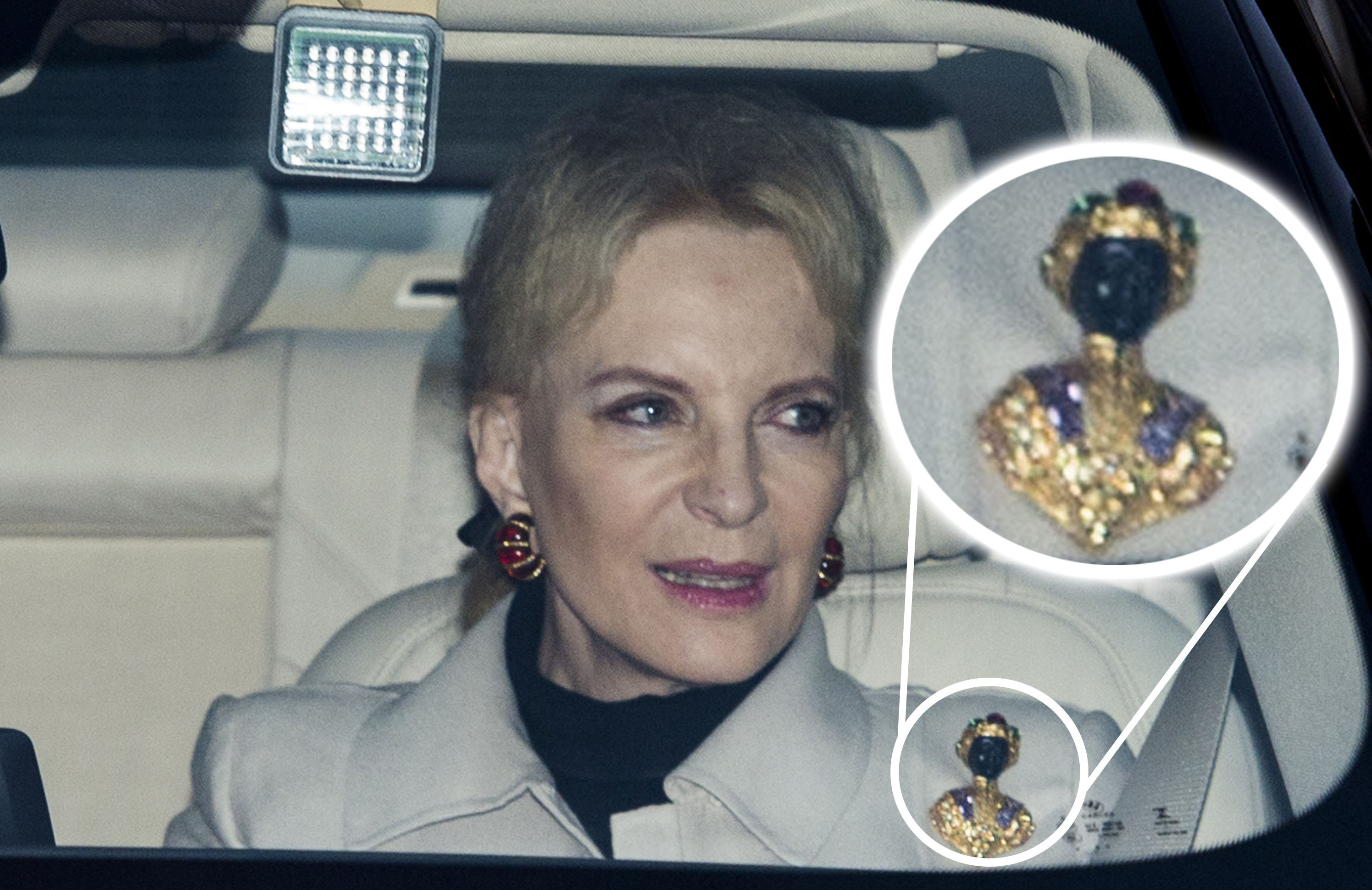<strong>Princess Michael of Kent seen wearing a controversial blackamoor brooch to Christmas dinner at Buckingham Palace in London on&nbsp;Wednesday</strong>