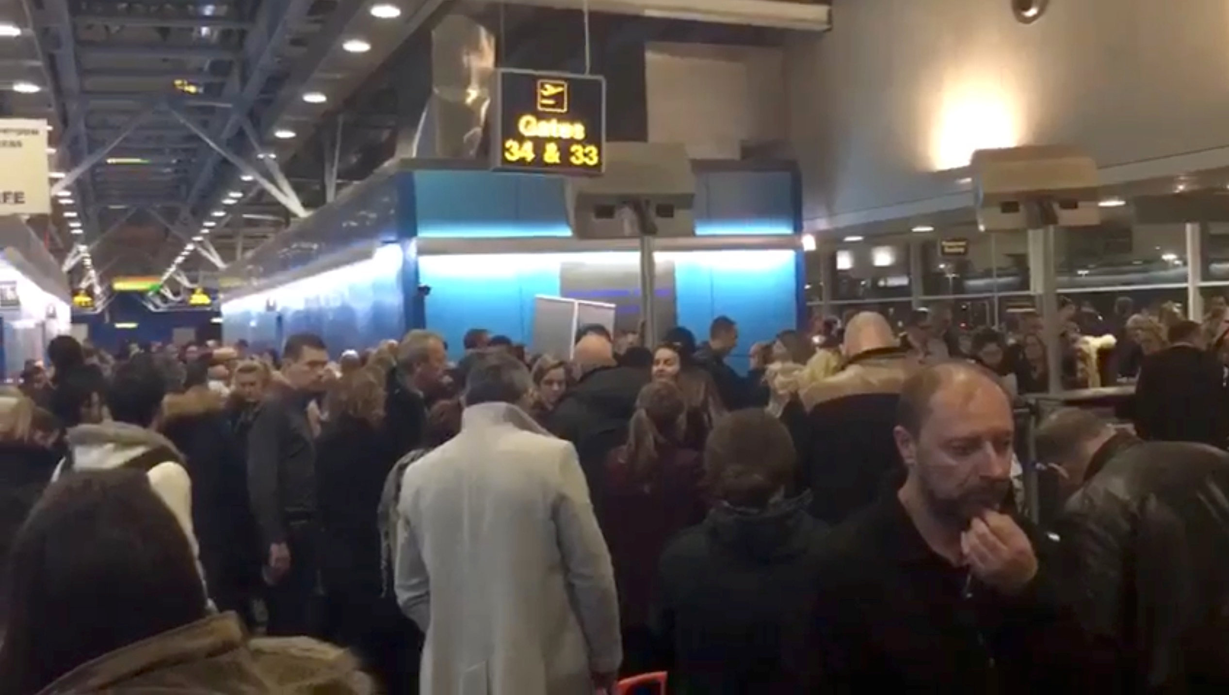 <strong>Passengers stranded at Stansted Airport last night.</strong>