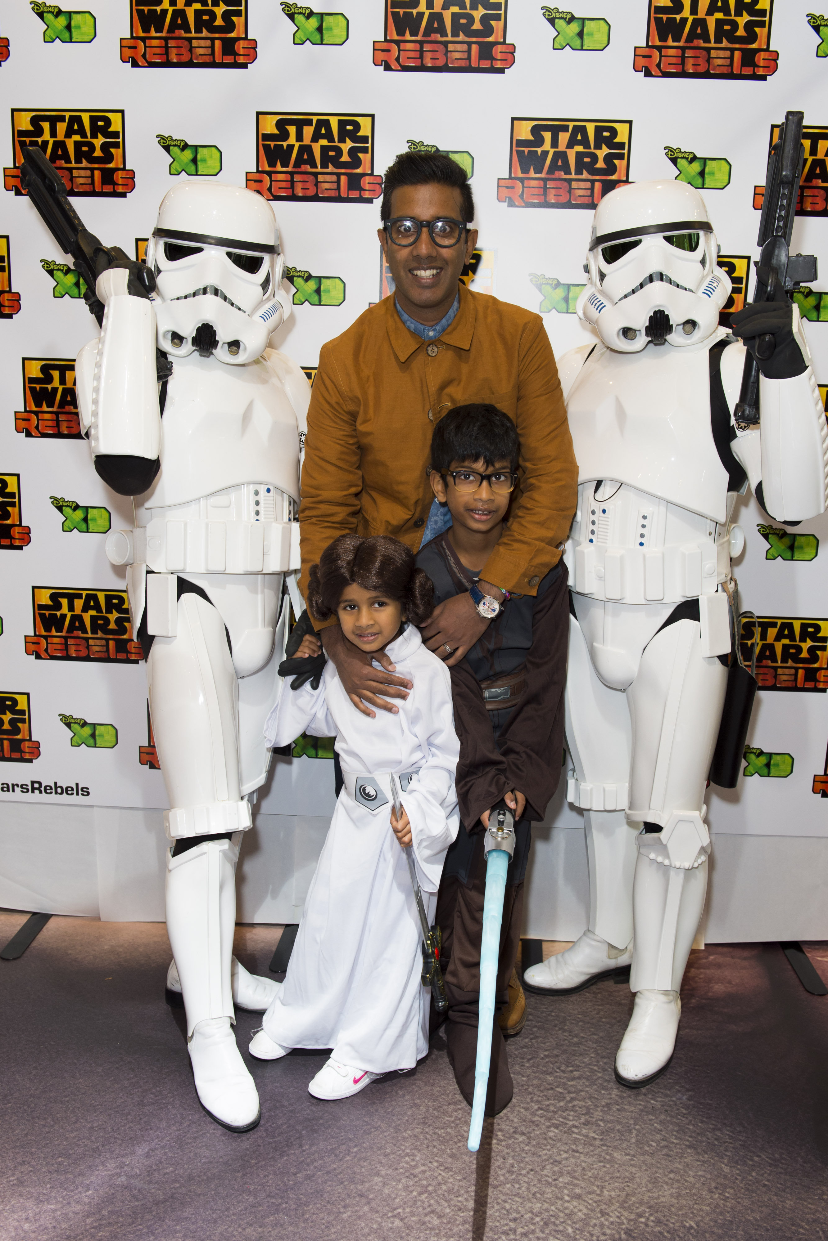 Nihal Arthanayake with his children at the premiere of 'Star Wars Rebels: Spark of Rebellion', in Leicester Square, London.