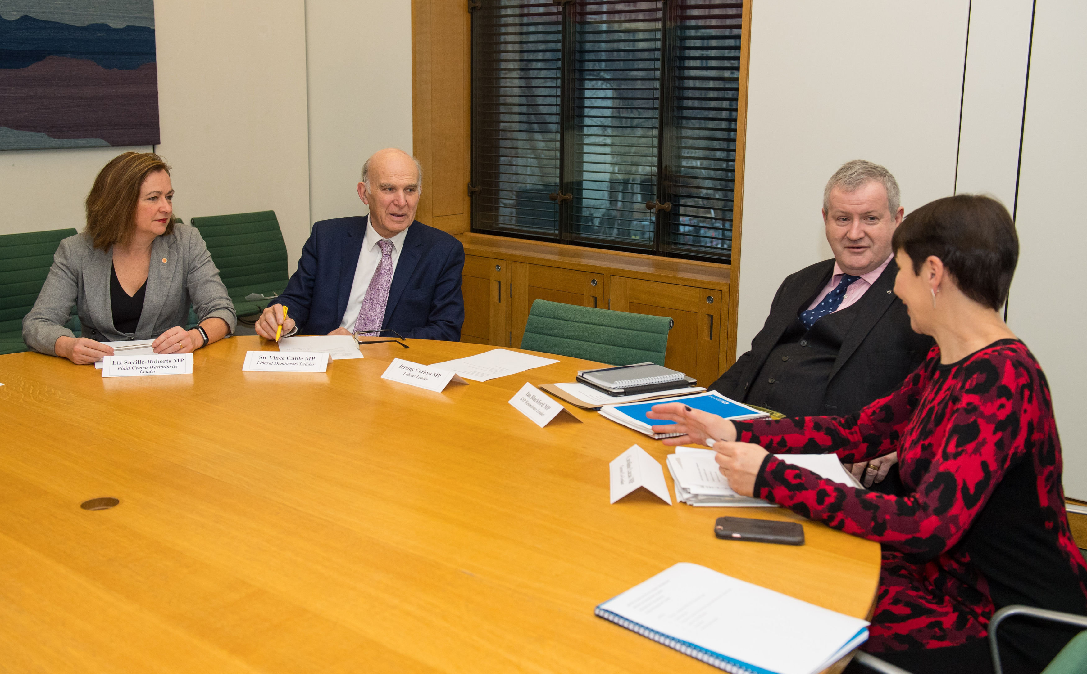 <strong>Liz Saville-Roberts with Vince Cable, Ian Blackford and Caroline Lucas at the cross-party summit on fighting hard Brexit</strong>