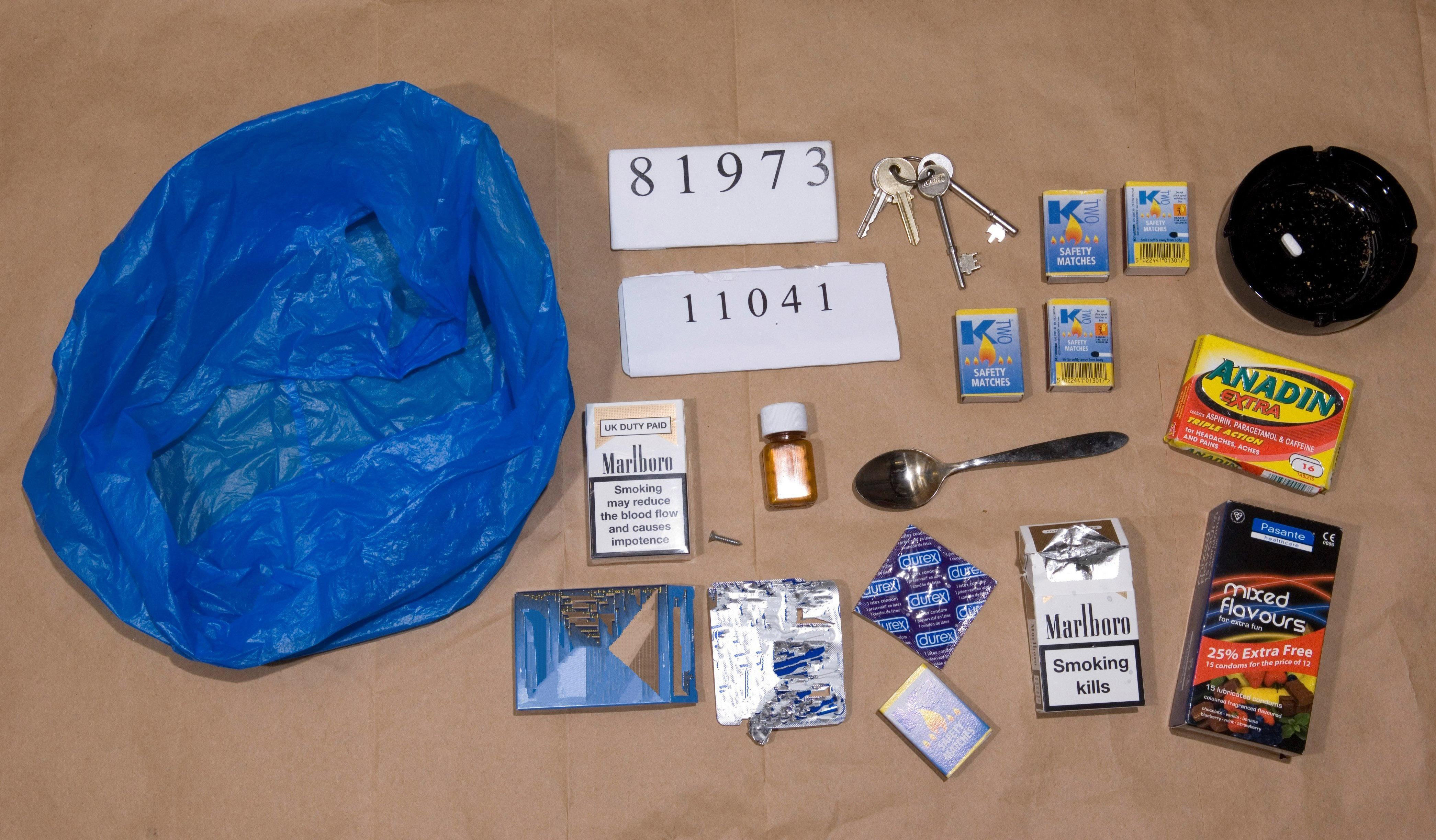<strong>An undated police handout revealing property seized from Worboys&nbsp;including condoms, cigarettes and medication&nbsp;</strong>