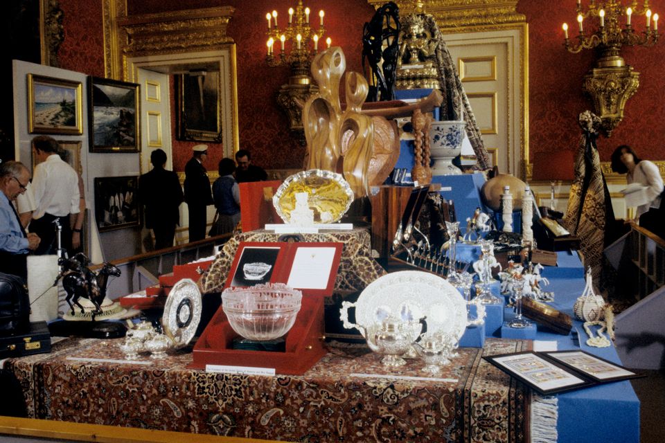 Wedding gifts for the Prince and Princess of Wales on display in the Throne Room at St James's Palace in London