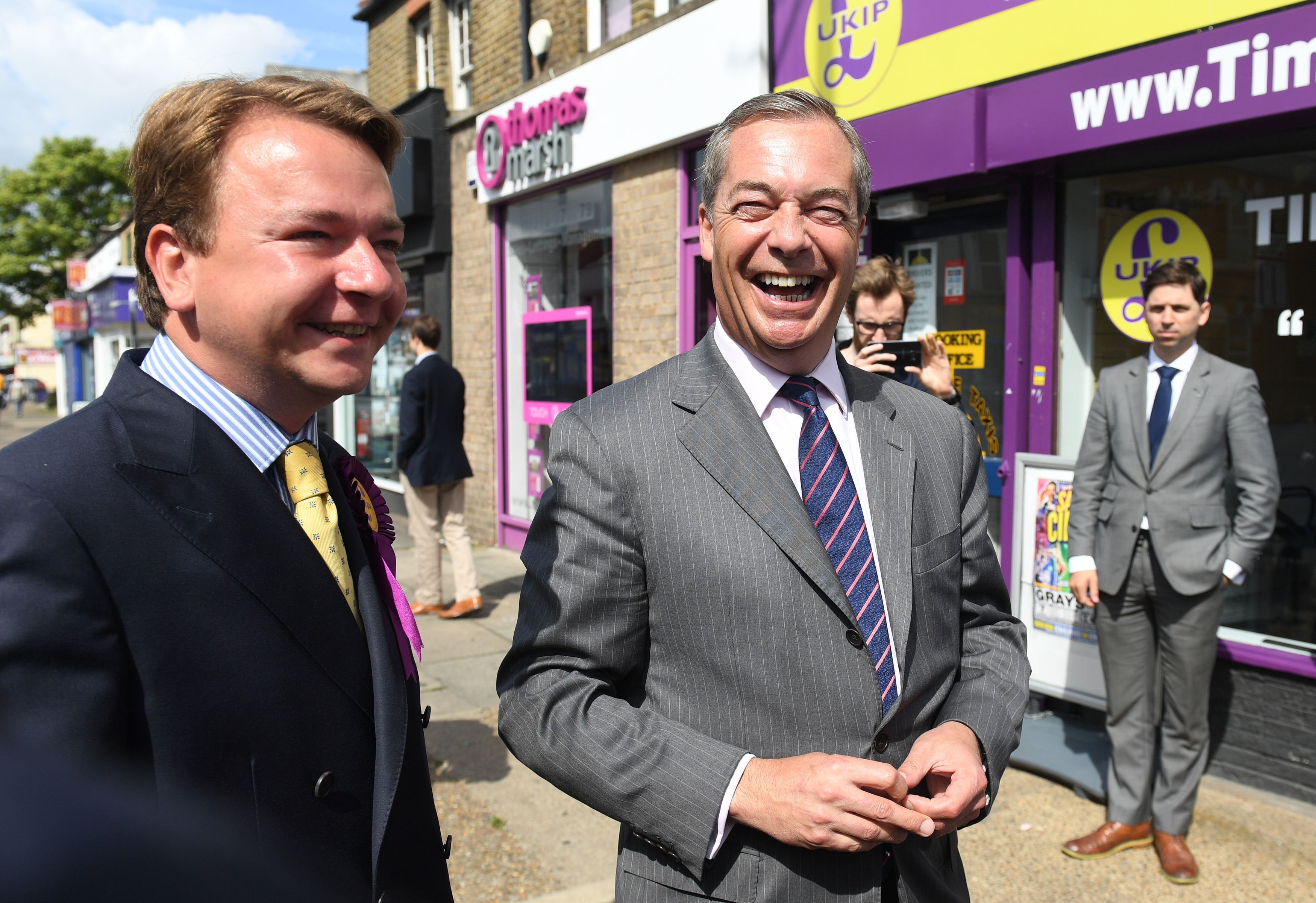 Tim Aker (left) is among those to have quit the party. He is pictured&nbsp;on the campaign trail with&nbsp;Nigel Farage when he was Ukip candidate for Thurrock in the 2017 election