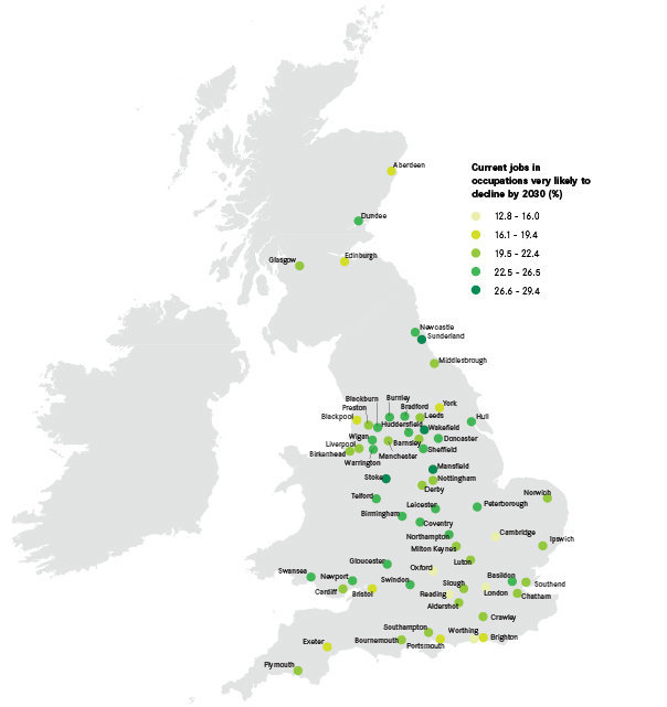 <strong>A map showing where current occupations are likely to decline due to automation</strong>