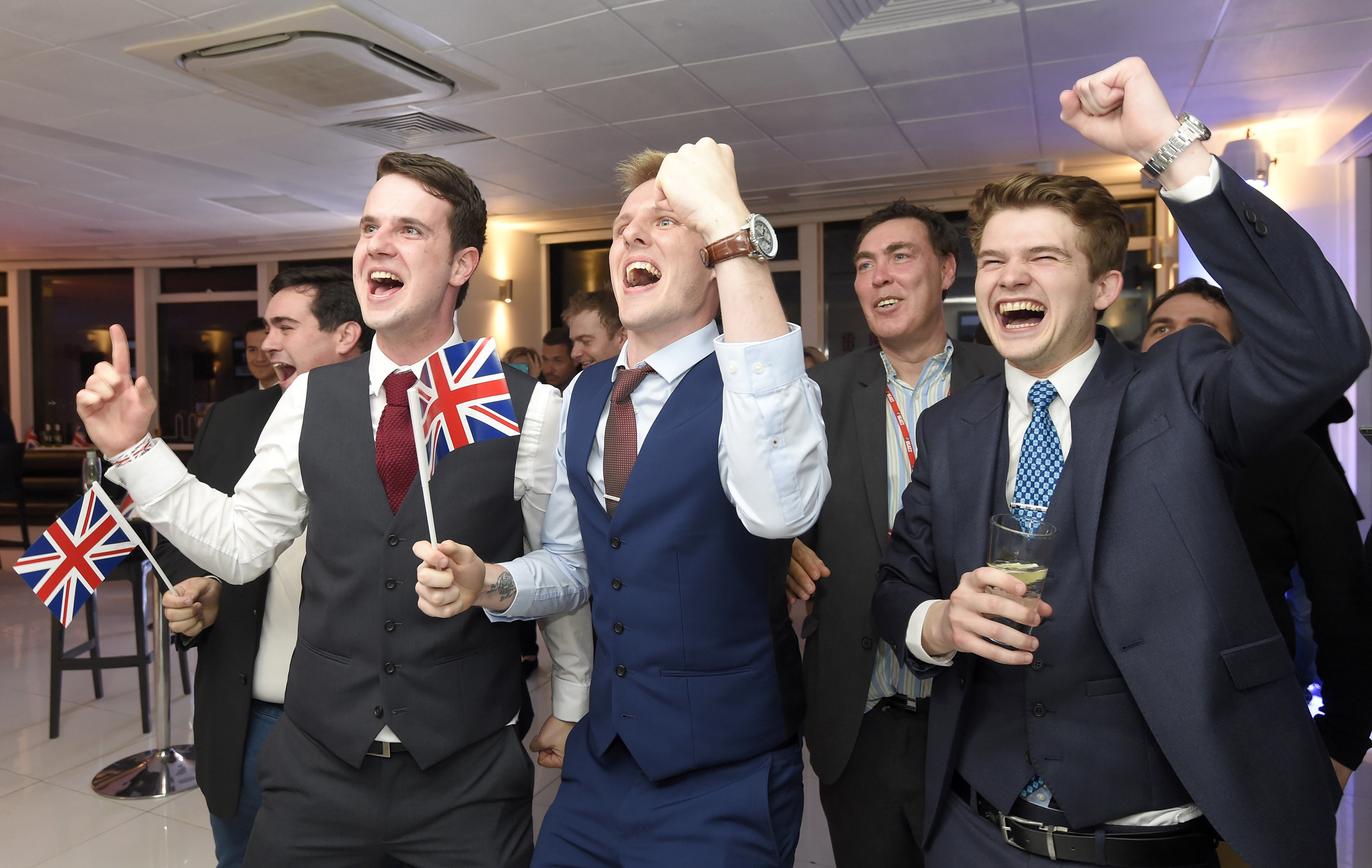 <i>Leave supporters cheer results at a Leave.eu party after polling stations closed in the Referendum on the European Union in London, Britain, June 23, 2016</i>