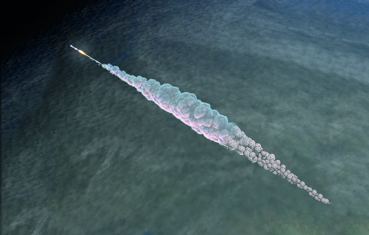 The meteor explosion pictured here is the result of a 3-D simulation by the author. By modeling such events, he and colleagues can compare them to past and future airburst observations in order to learn more about both their progenitor asteroids and the power they bring with them into Earth’s atmosphere.