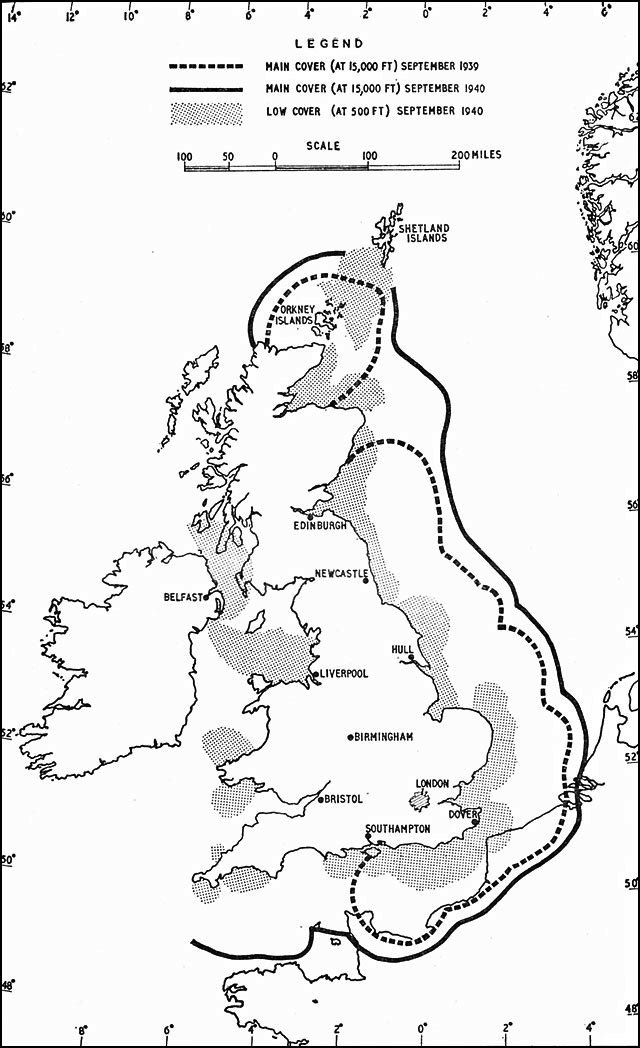 Radar coverage in September 1939 and September 1940.