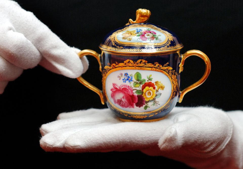 One of a pair of Meissen chocolate pots, circa 1870, given to the then Princess Elizabeth and Prince Philip by Pope Pius XII as a gift for their wedding on 20 November 1947
