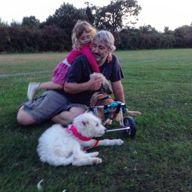 Tim and daughter Lily with their two dogs.