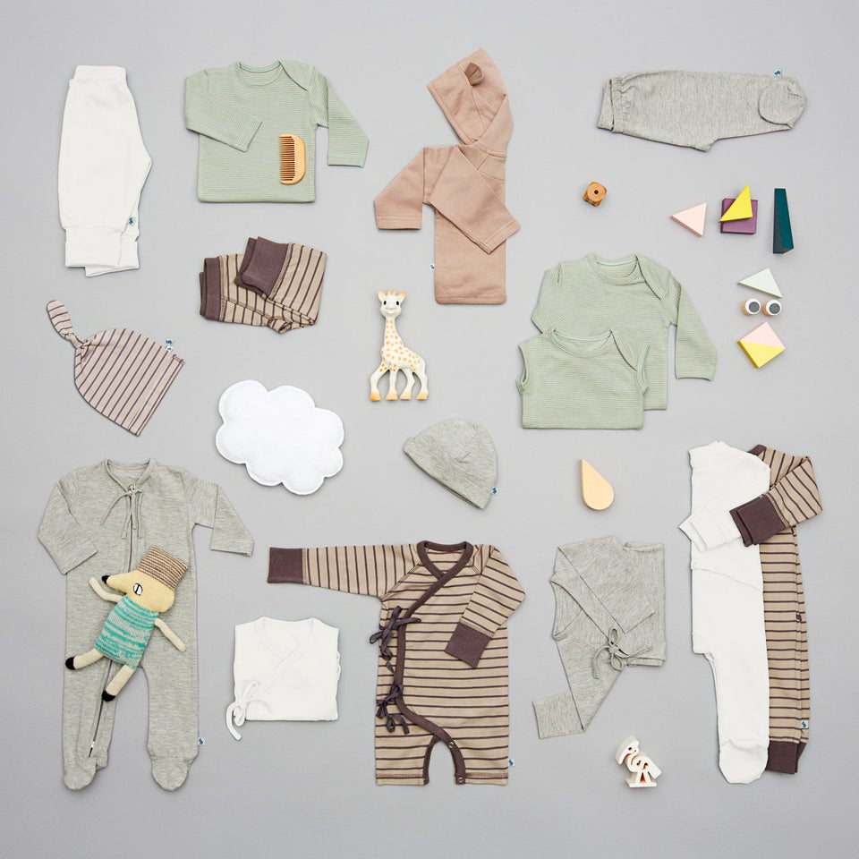 Contents of a VIGGA baby bag that is sent to new parents when they sign up.