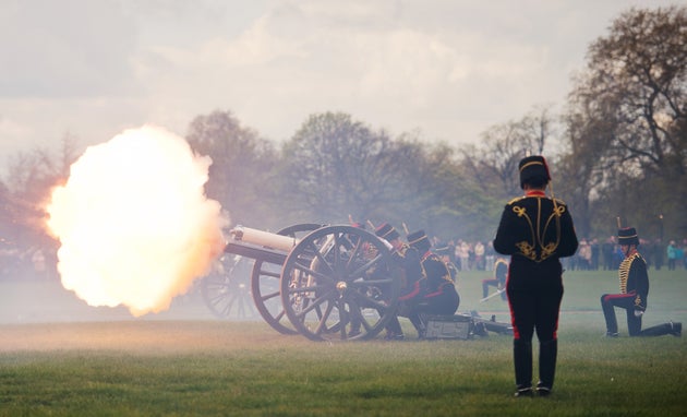 Gun teams from the Kings Troop of the Royal Artillery fire a gun salute in London's Hyde Park in 2012