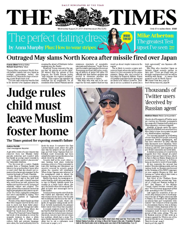 The Times front page August 30, 2017